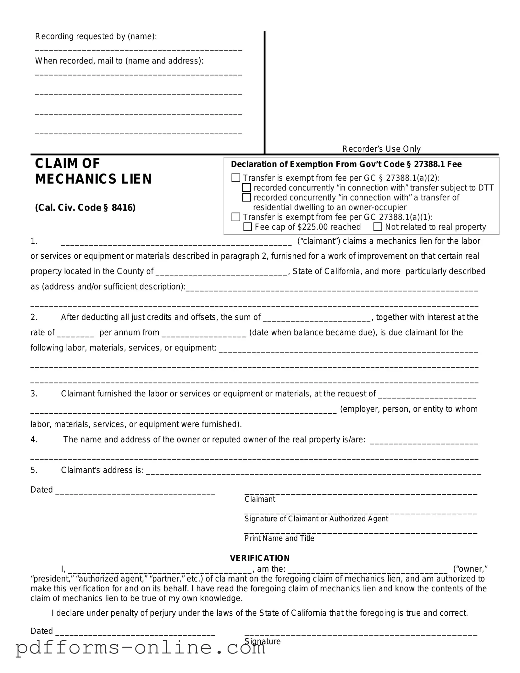 Blank Mechanics Lien California Template
