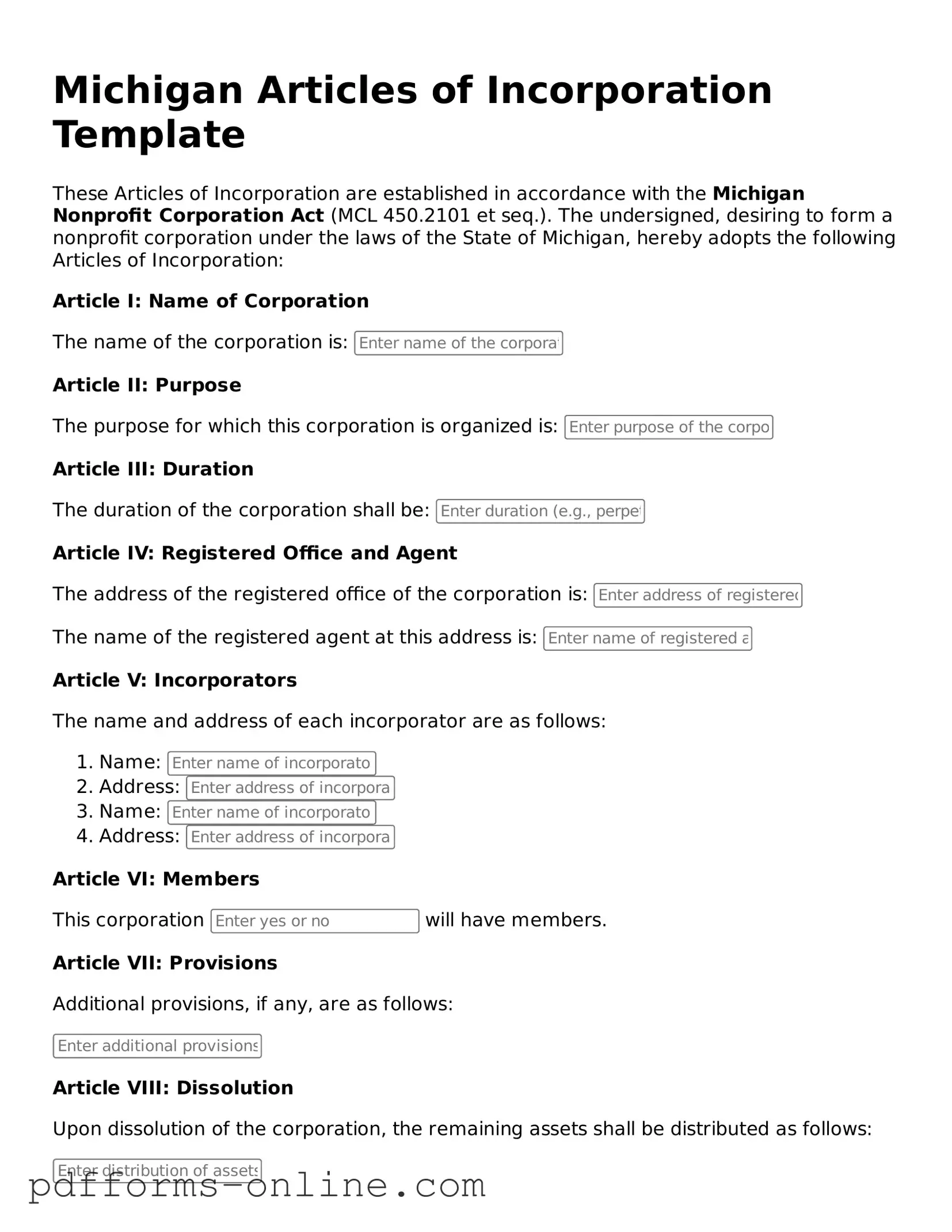 Valid Michigan Articles of Incorporation Template