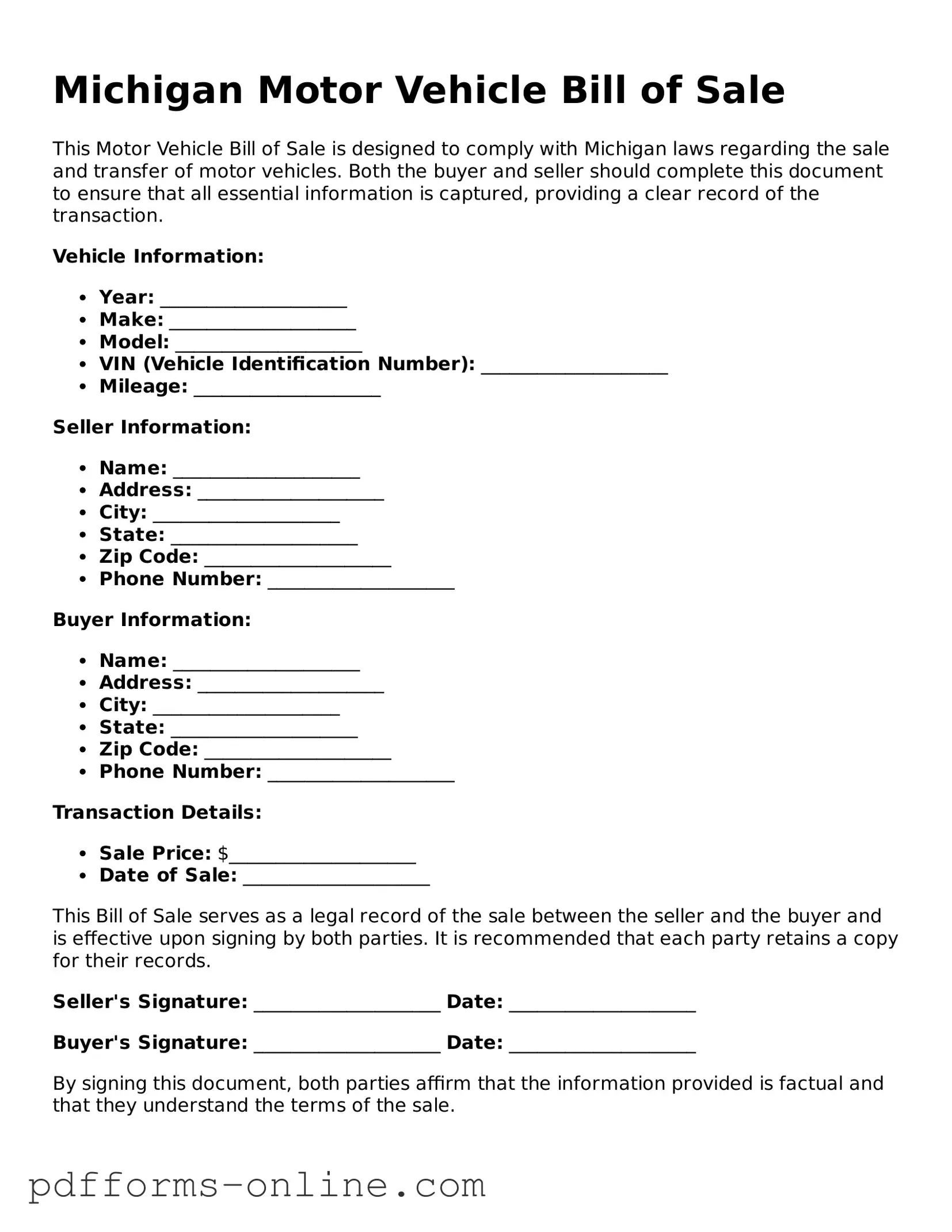Valid Michigan Motor Vehicle Bill of Sale Template