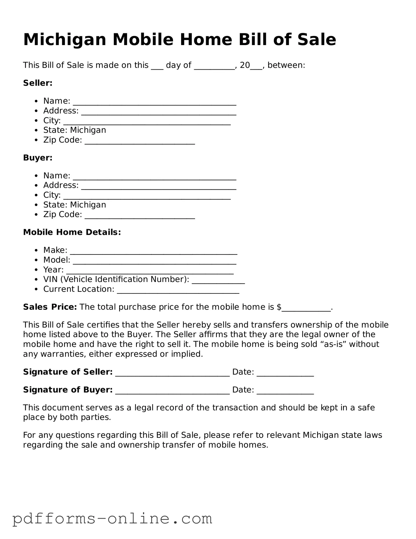 Valid Michigan Mobile Home Bill of Sale Template