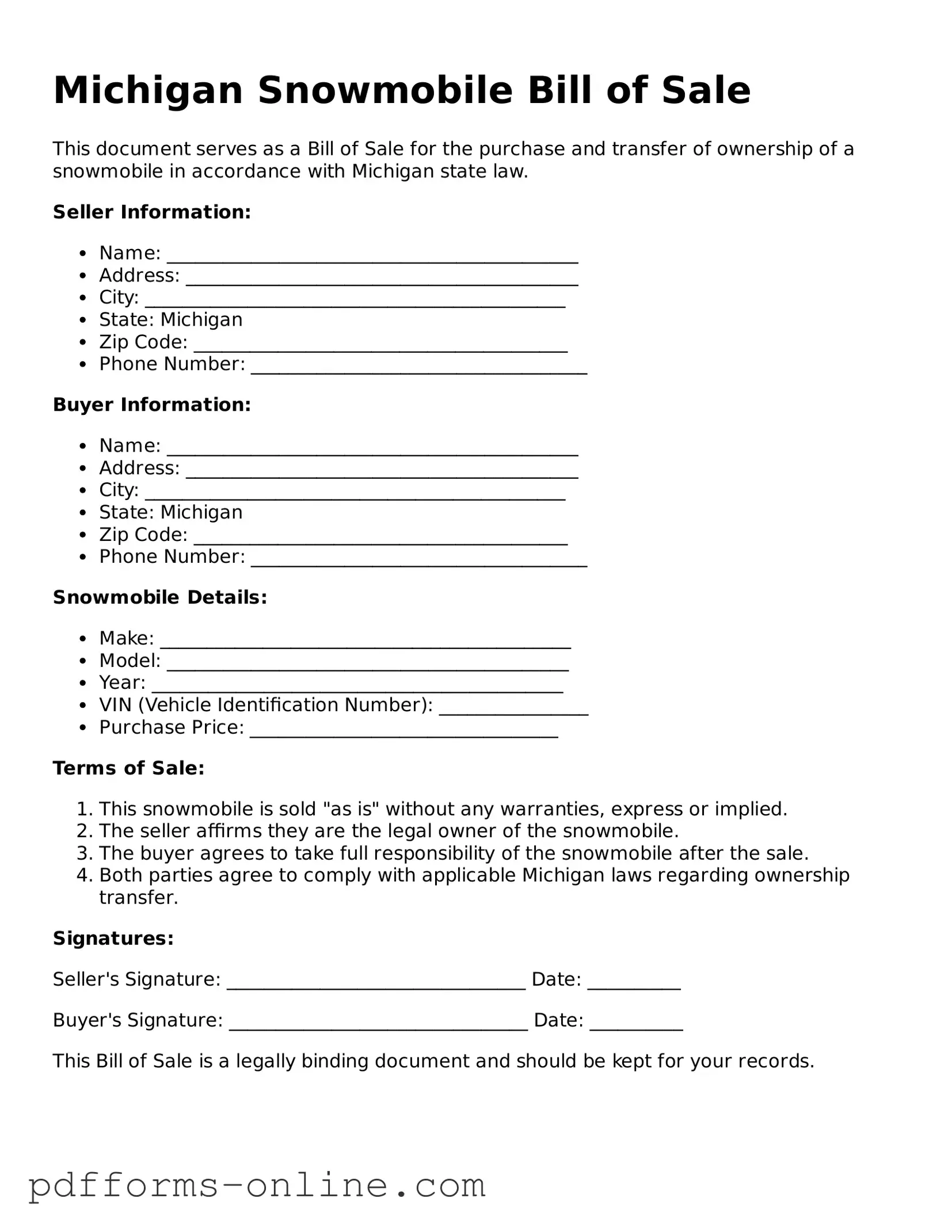Valid Michigan Snowmobile Bill of Sale Template