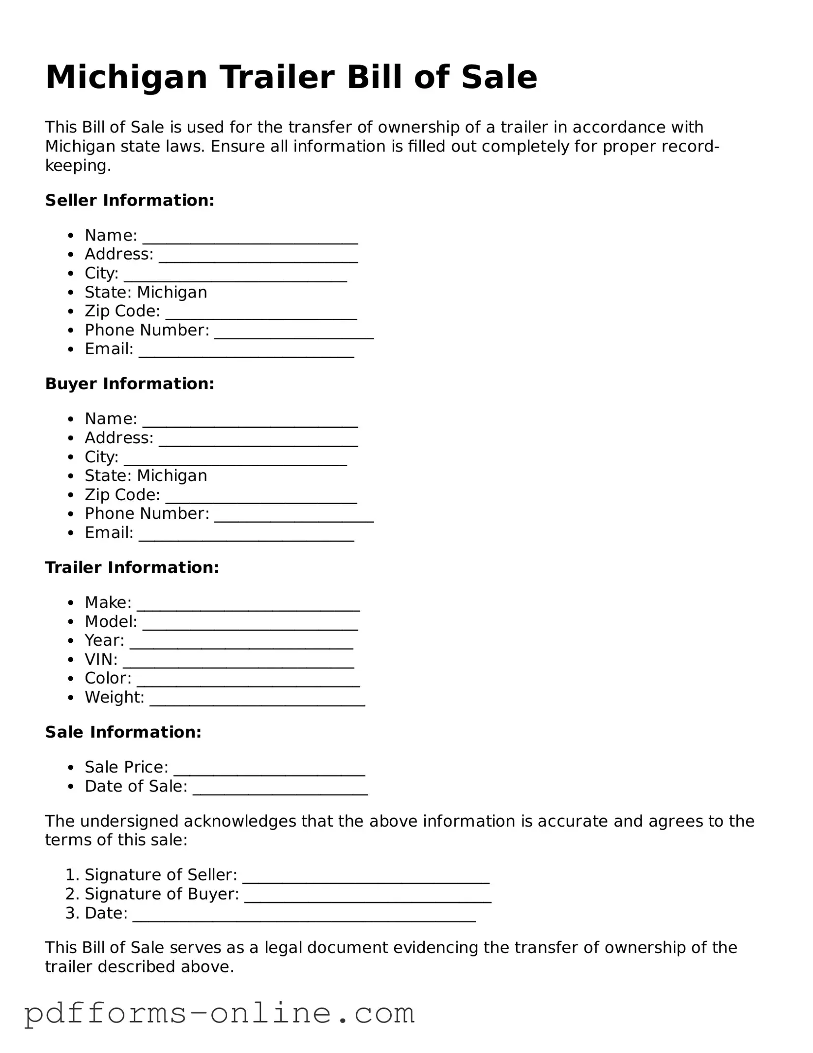 Valid Michigan Trailer Bill of Sale Template