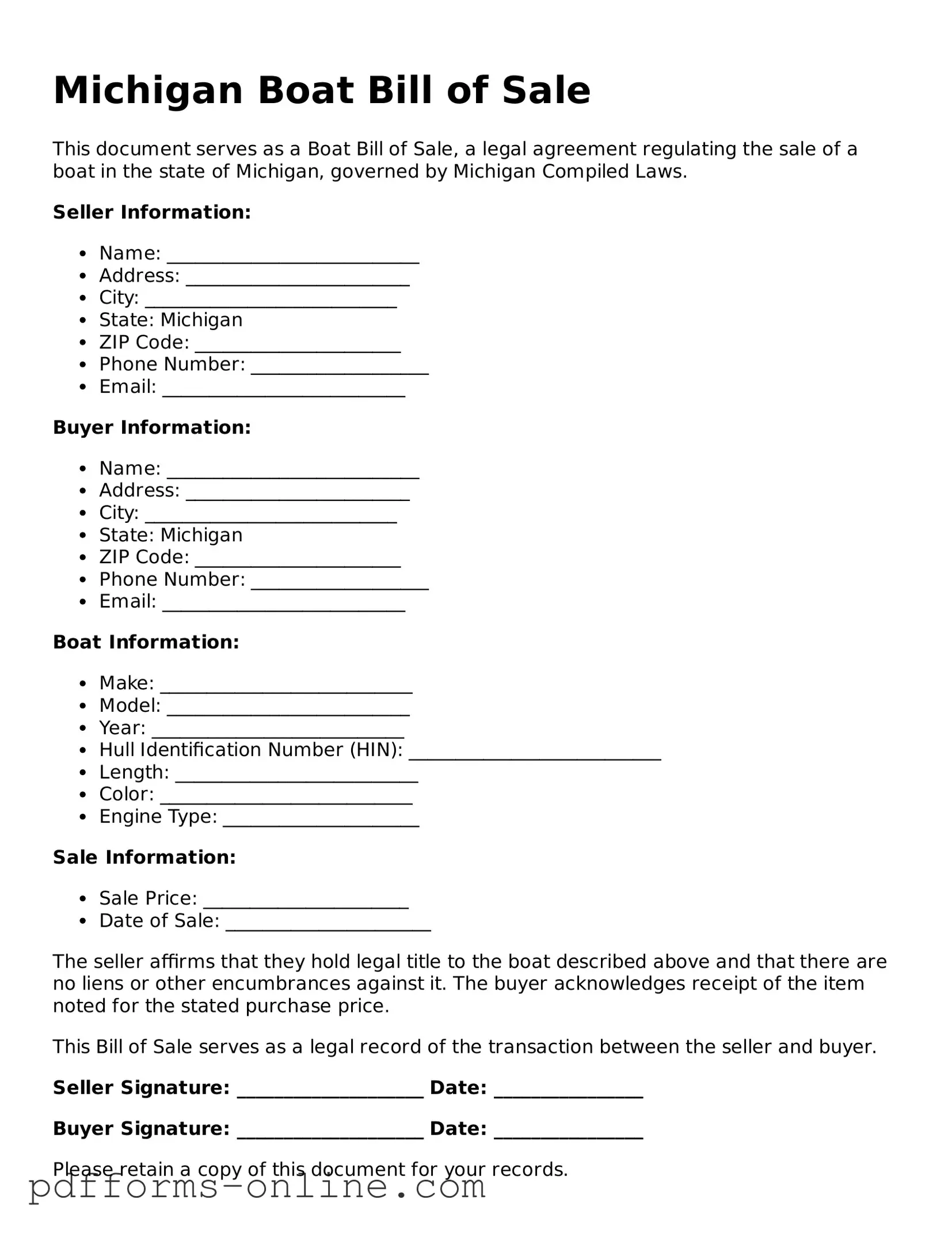 Valid Michigan Boat Bill of Sale Template