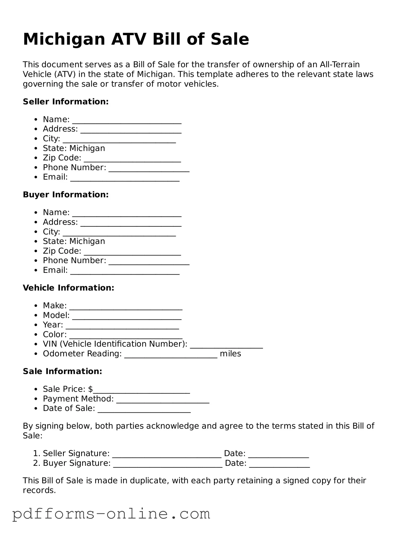 Valid Michigan ATV Bill of Sale Template