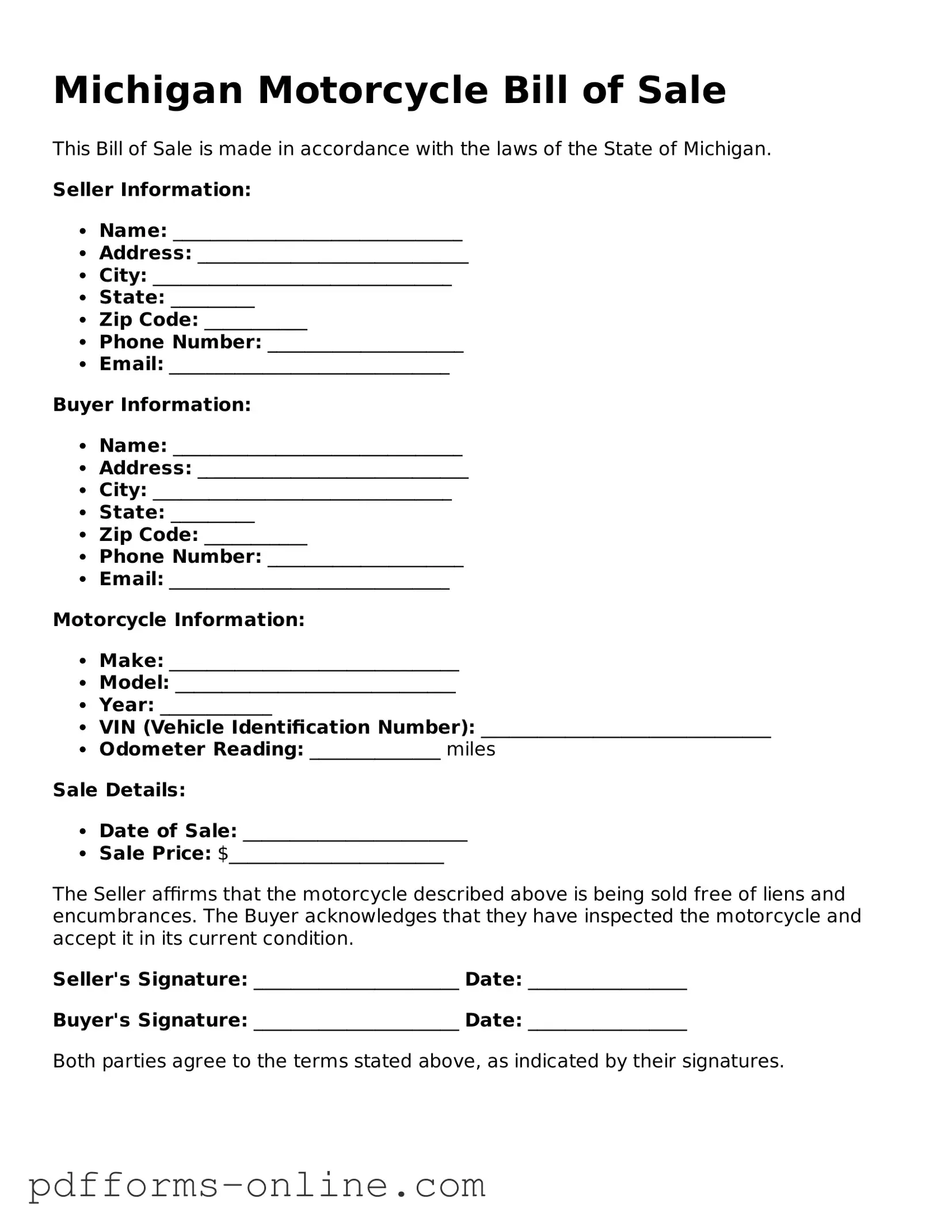 Valid Michigan Motorcycle Bill of Sale Template