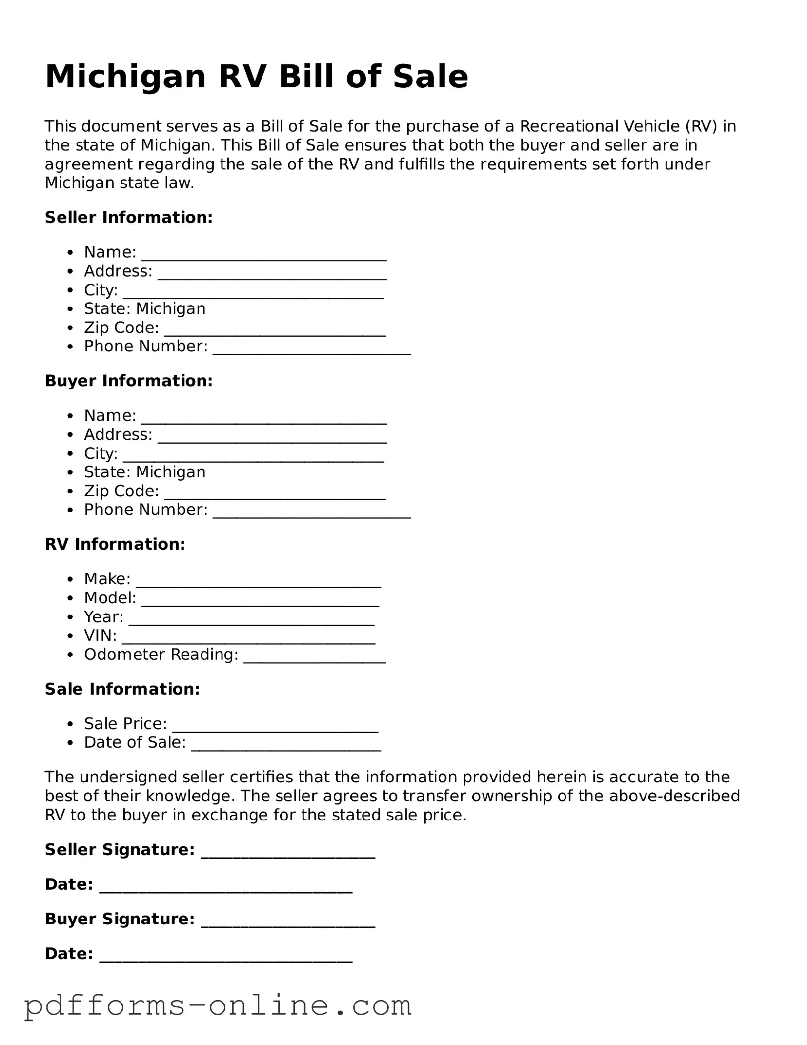Valid Michigan RV Bill of Sale Template