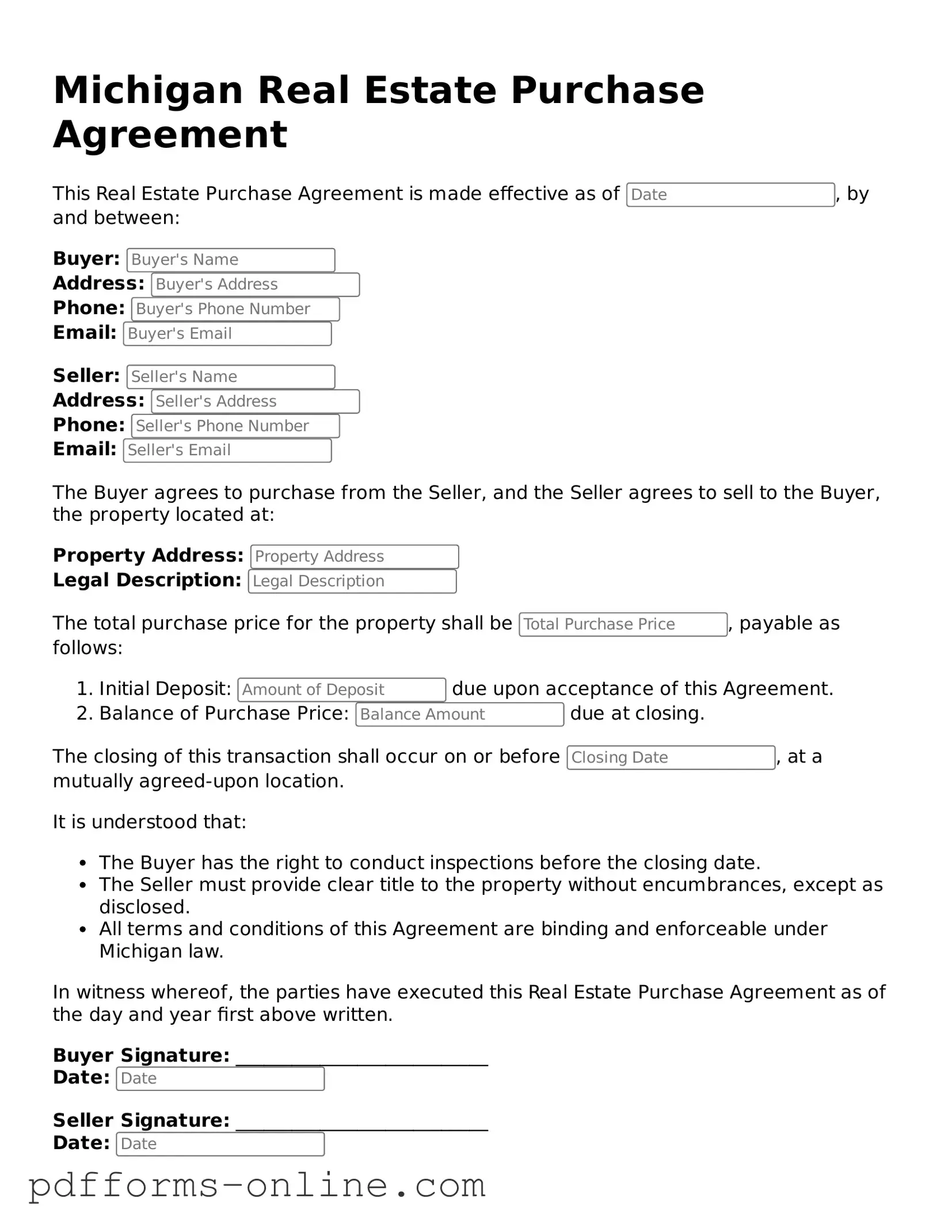 Valid Michigan Real Estate Purchase Agreement Template