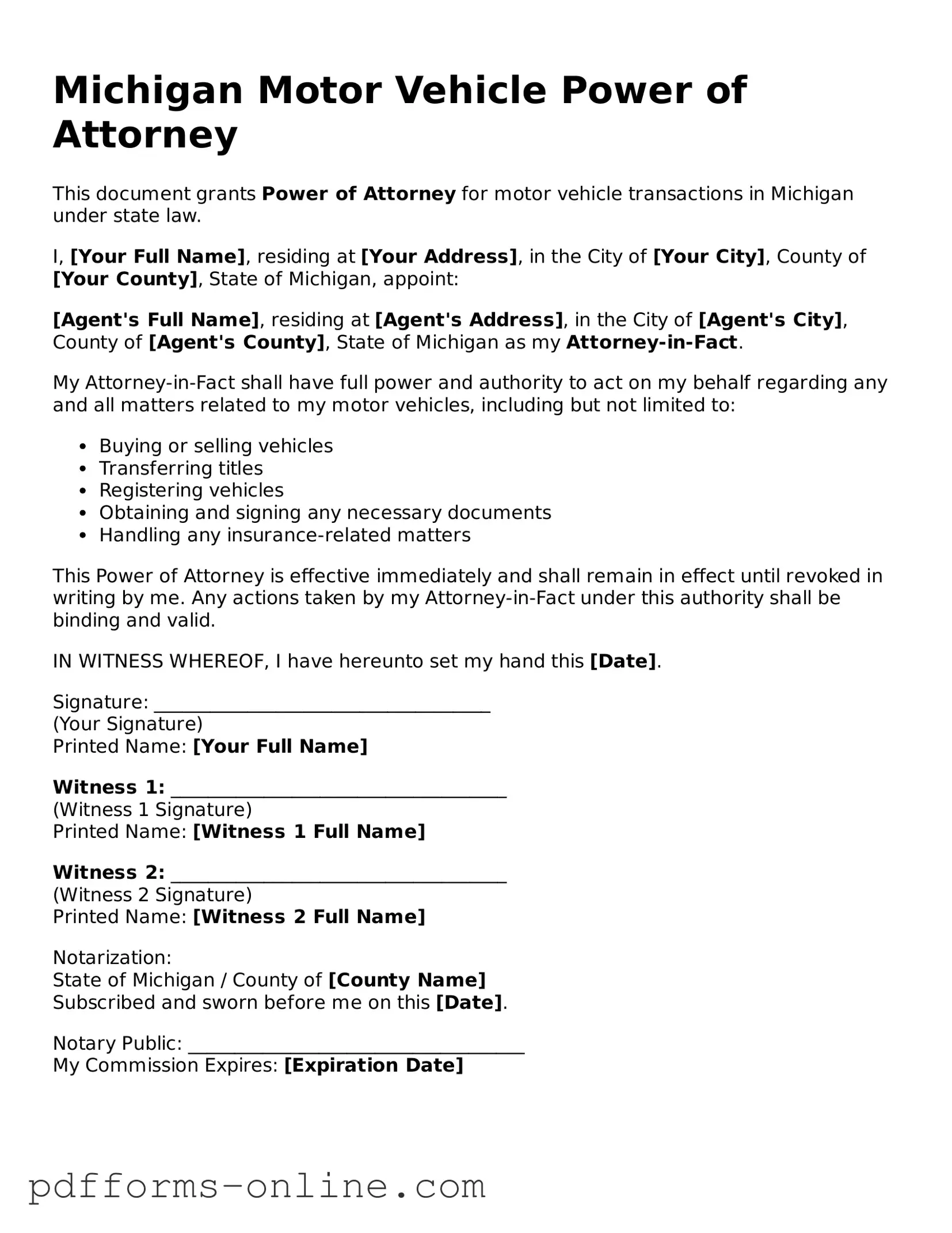 Valid Michigan Motor Vehicle Power of Attorney Template