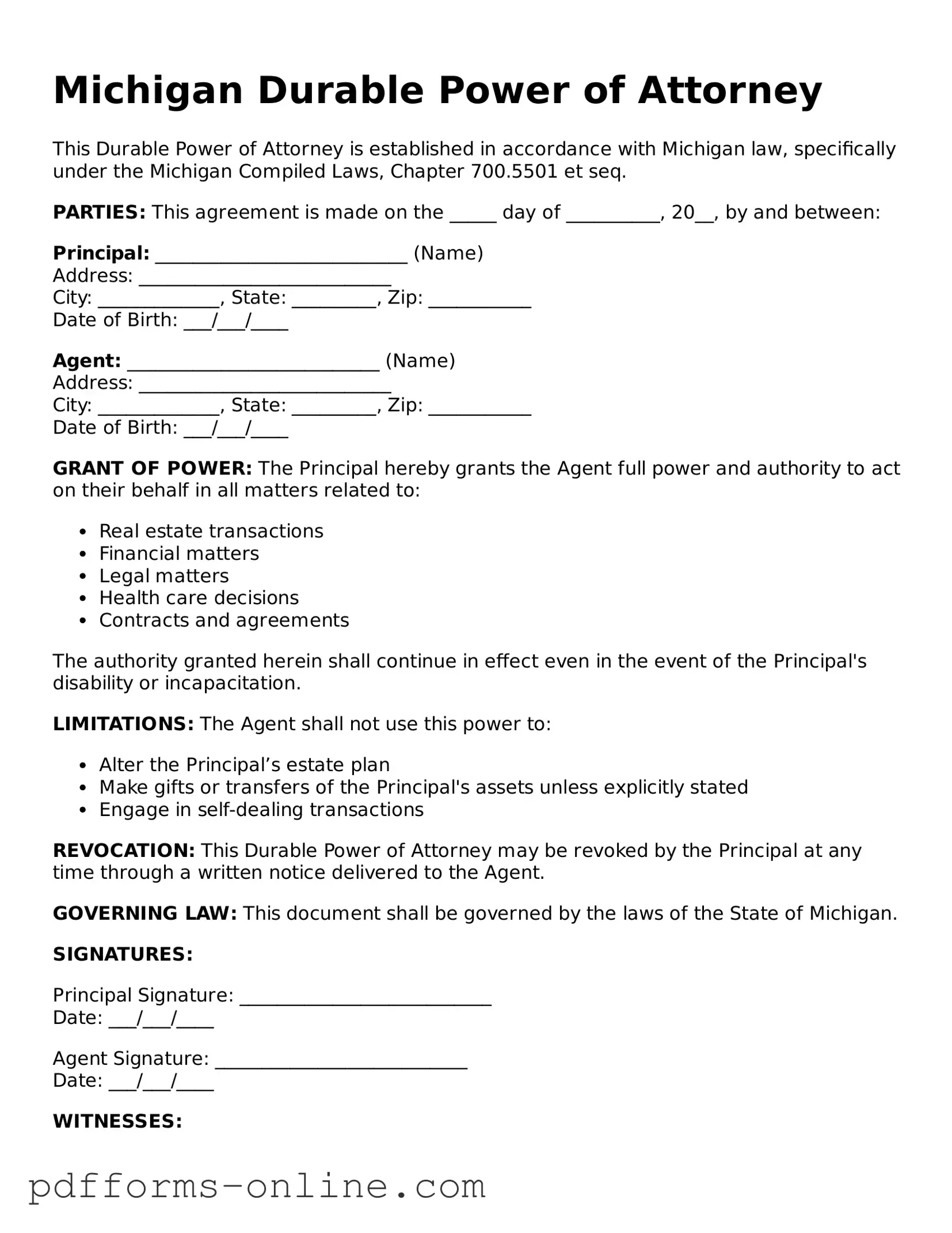 Valid Michigan Durable Power of Attorney Template