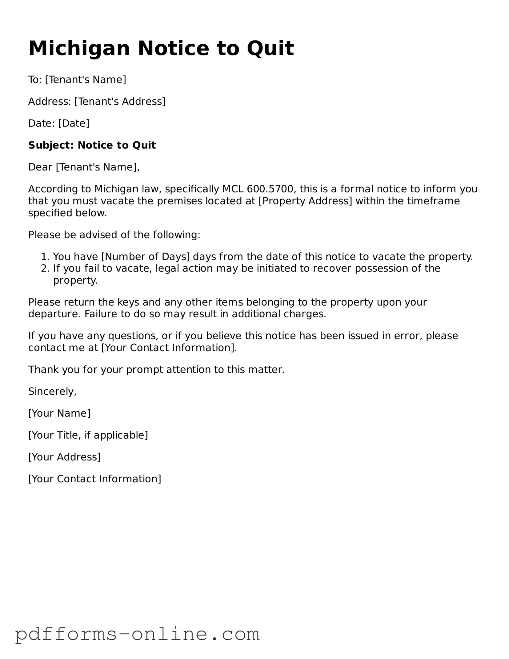 Valid Michigan Notice to Quit Template