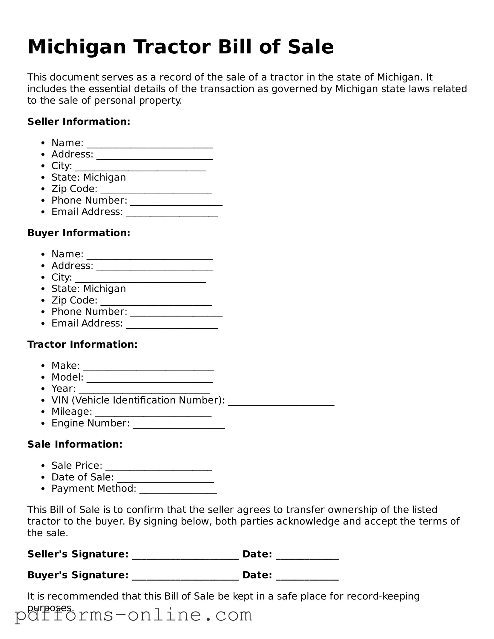 Valid Michigan Tractor Bill of Sale Template