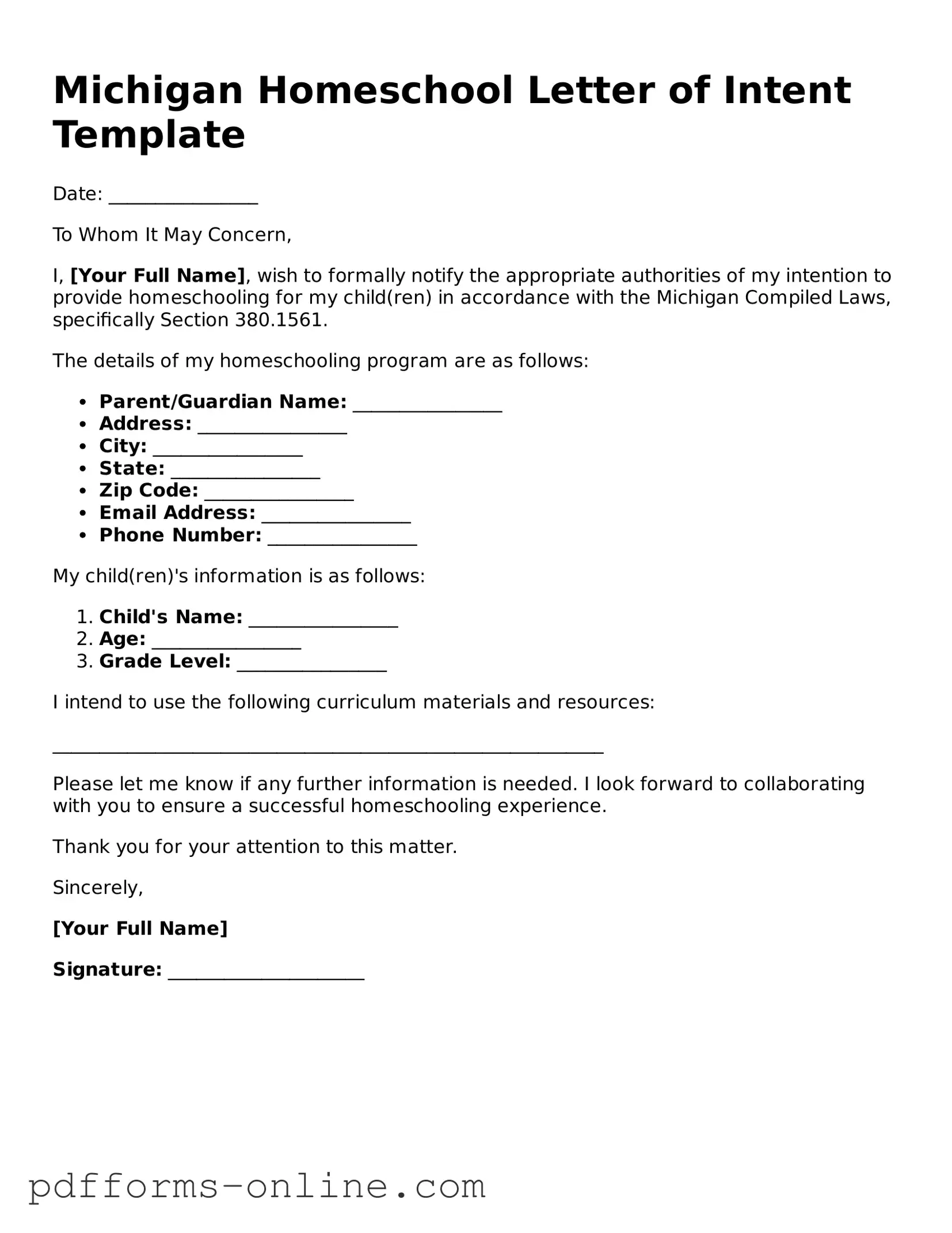 Valid Michigan Homeschool Letter of Intent Template
