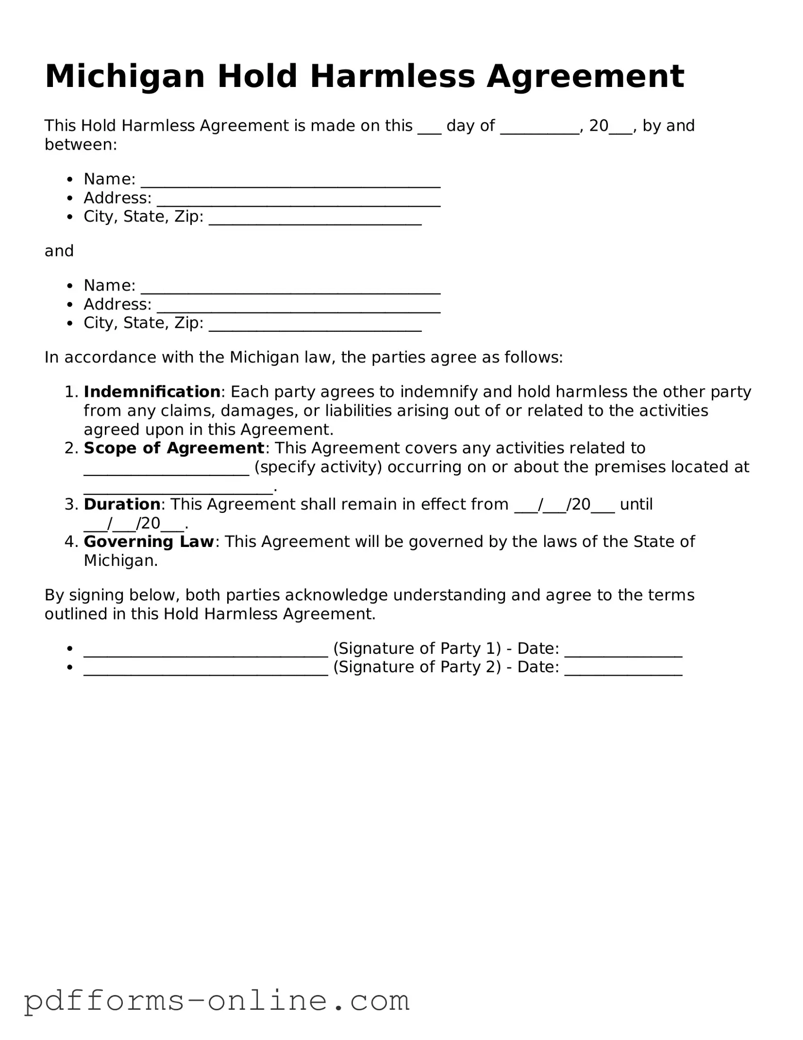 Valid Michigan Hold Harmless Agreement Template