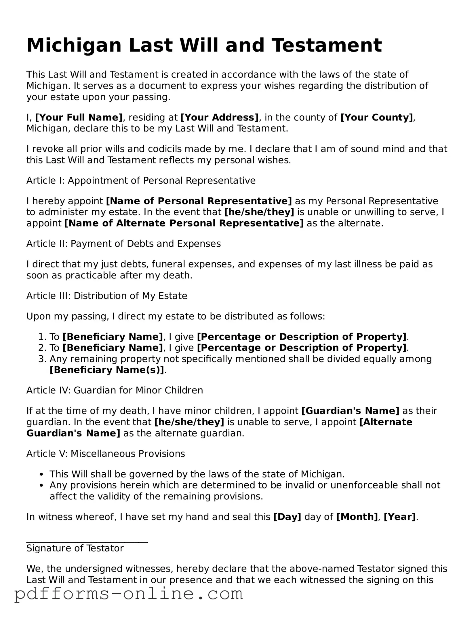 Valid Michigan Last Will and Testament Template