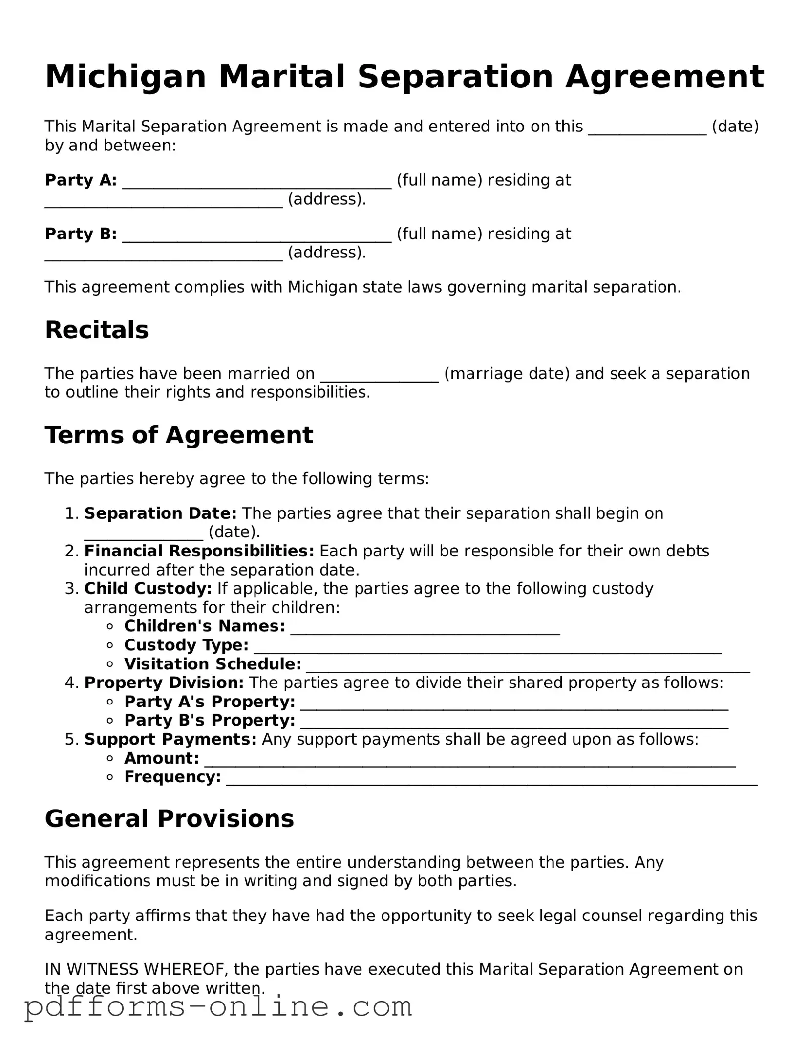 Valid Michigan Marital Separation Agreement Template