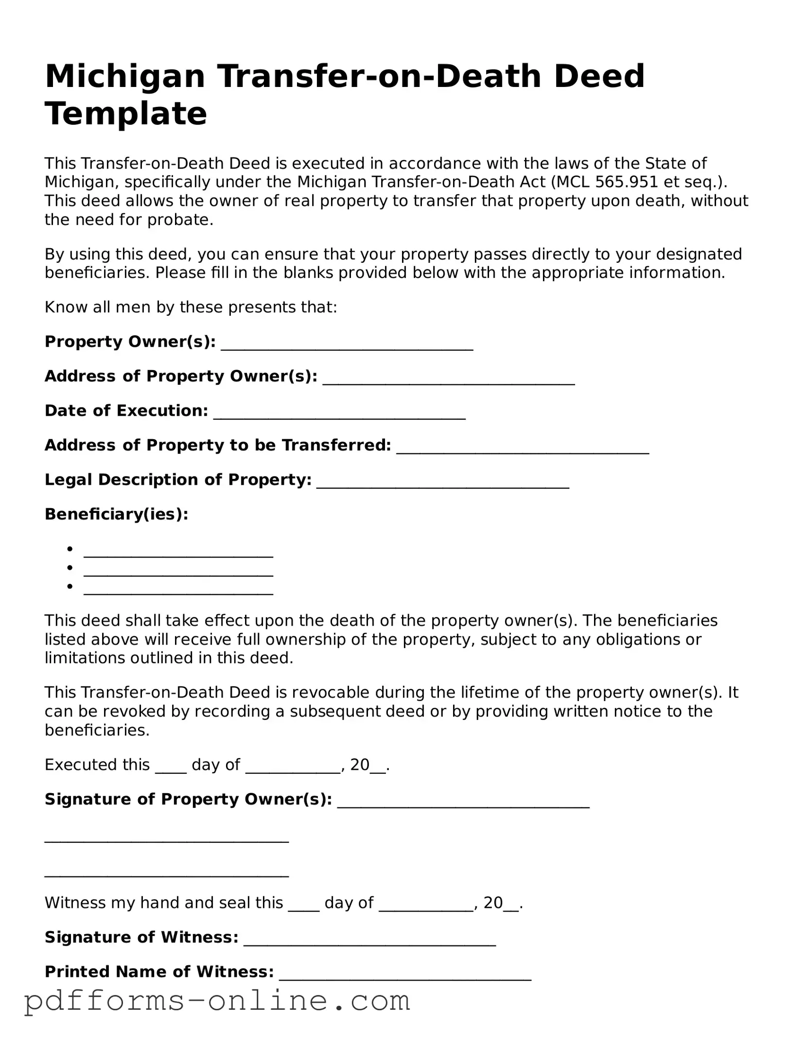 Valid Michigan Transfer-on-Death Deed Template