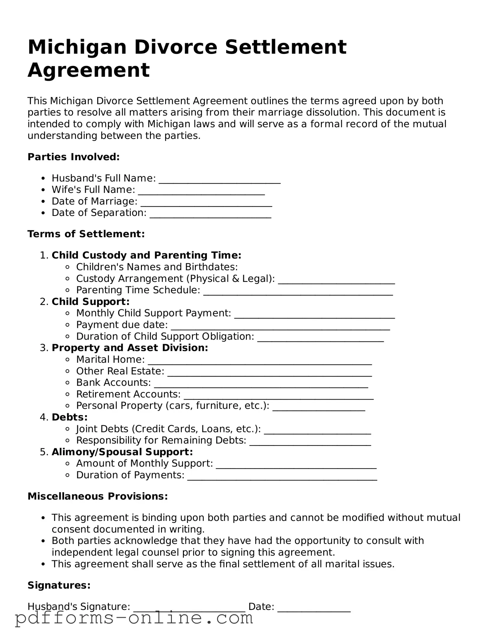 Valid Michigan Divorce Settlement Agreement Template