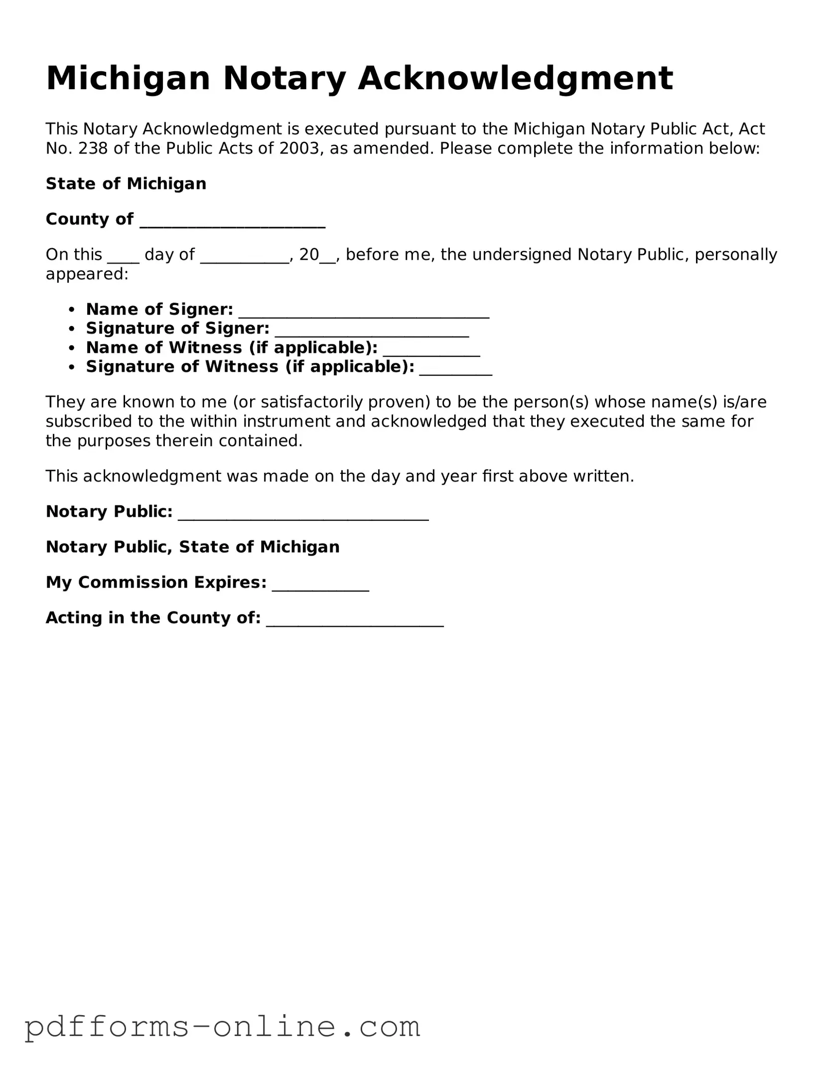 Valid Michigan Notary Acknowledgement Template