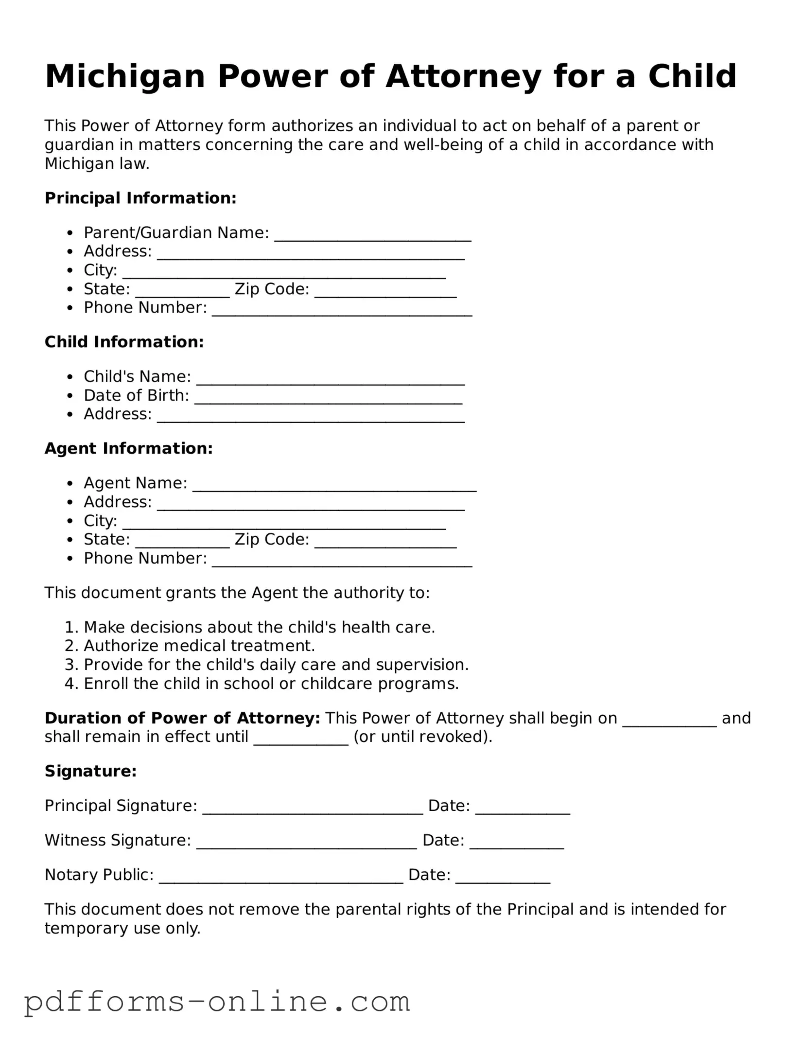 Valid Michigan Power of Attorney for a Child Template