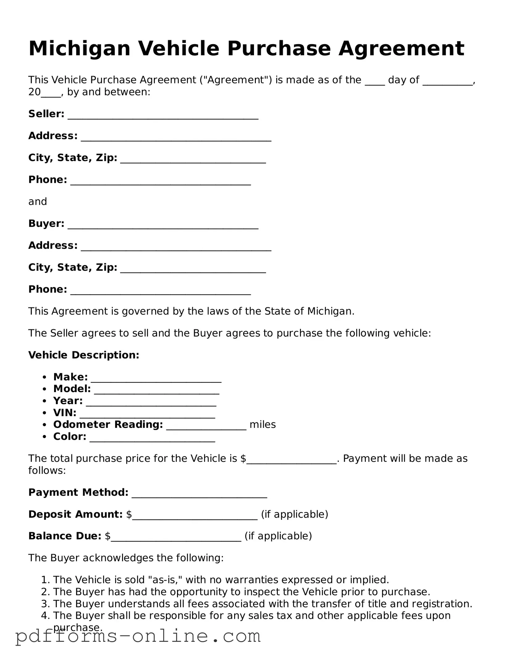 Valid Michigan Vehicle Purchase Agreement Template