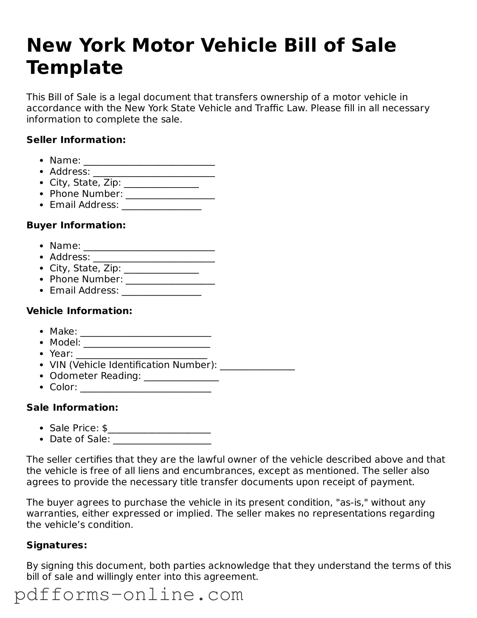 Valid New York Motor Vehicle Bill of Sale Template