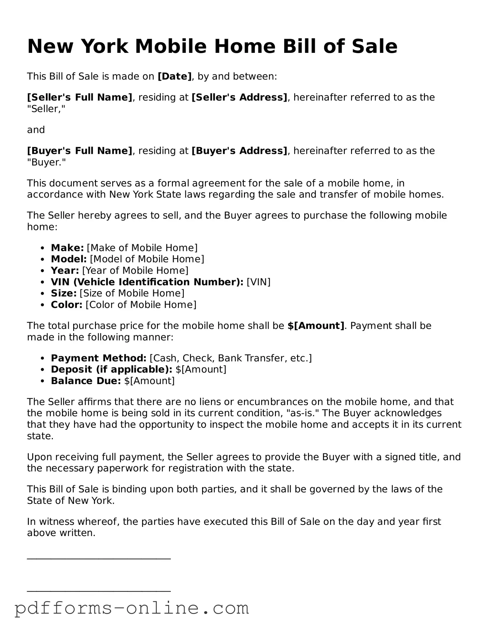 Valid New York Mobile Home Bill of Sale Template