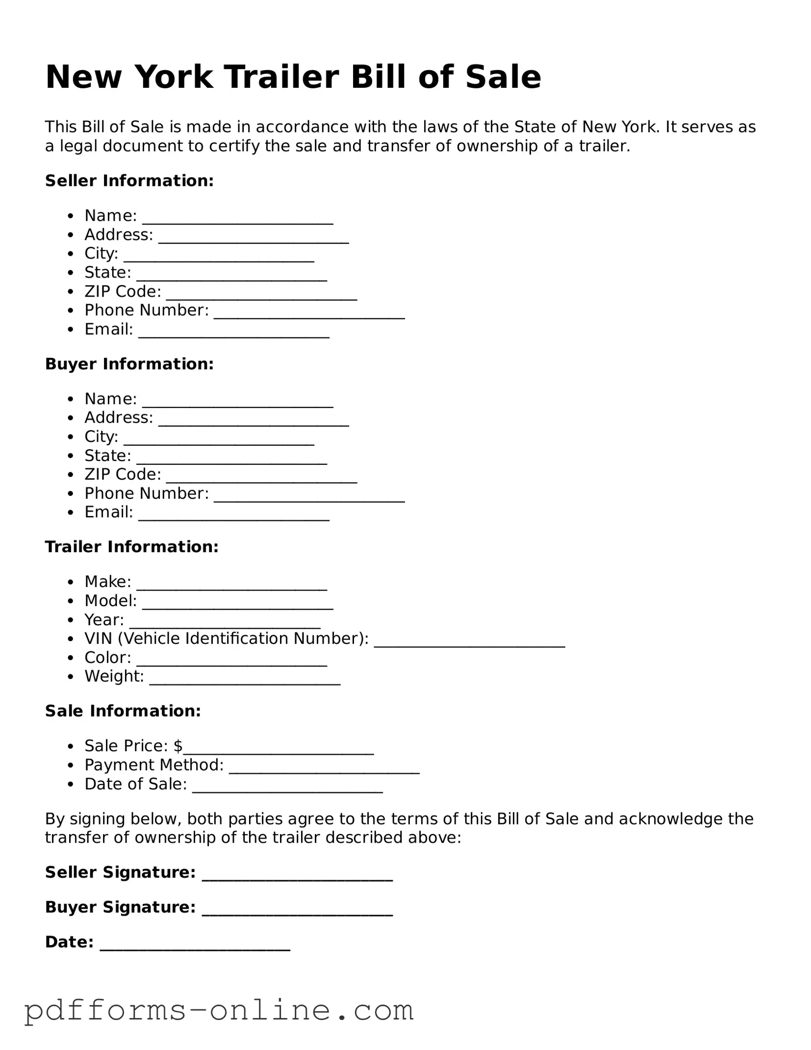 Valid New York Trailer Bill of Sale Template