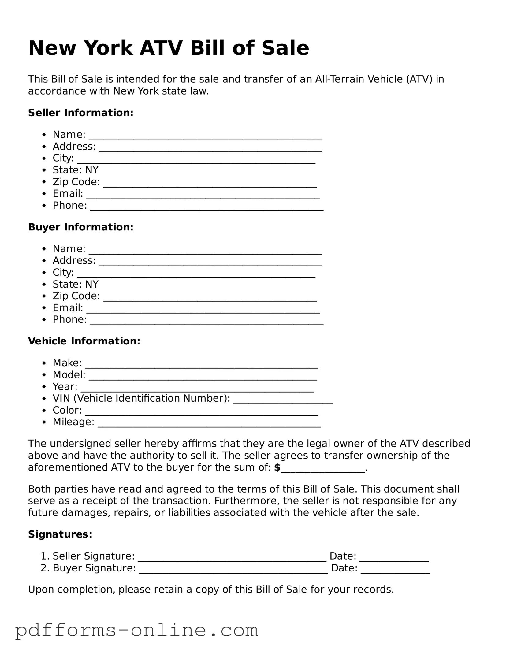 Valid New York ATV Bill of Sale Template