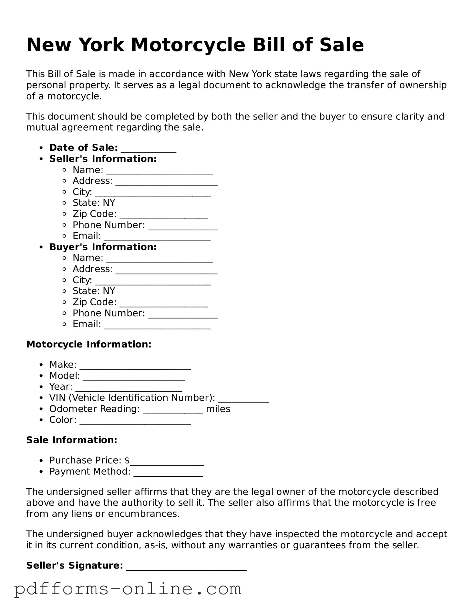 Valid New York Motorcycle Bill of Sale Template