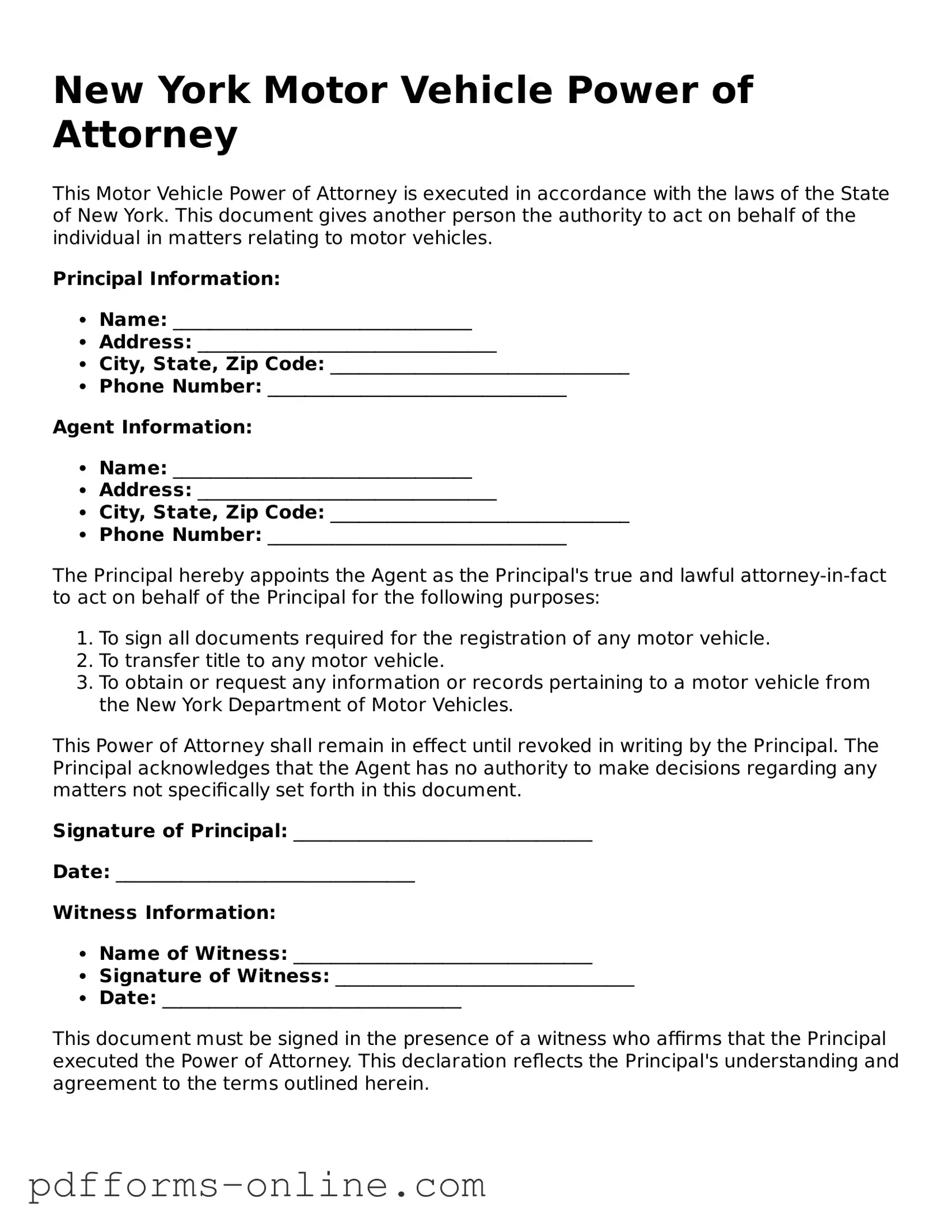 Valid New York Motor Vehicle Power of Attorney Template