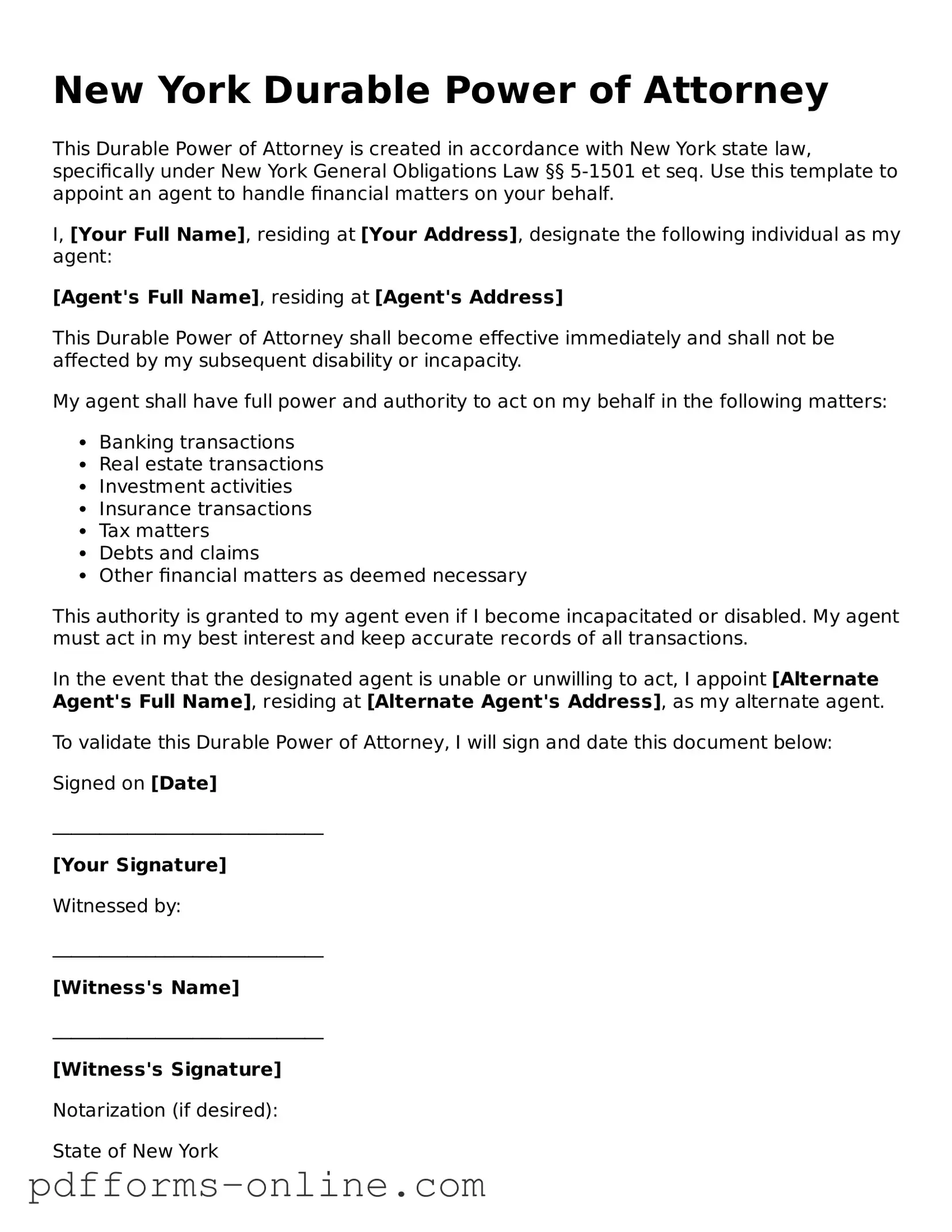 Valid New York Durable Power of Attorney Template