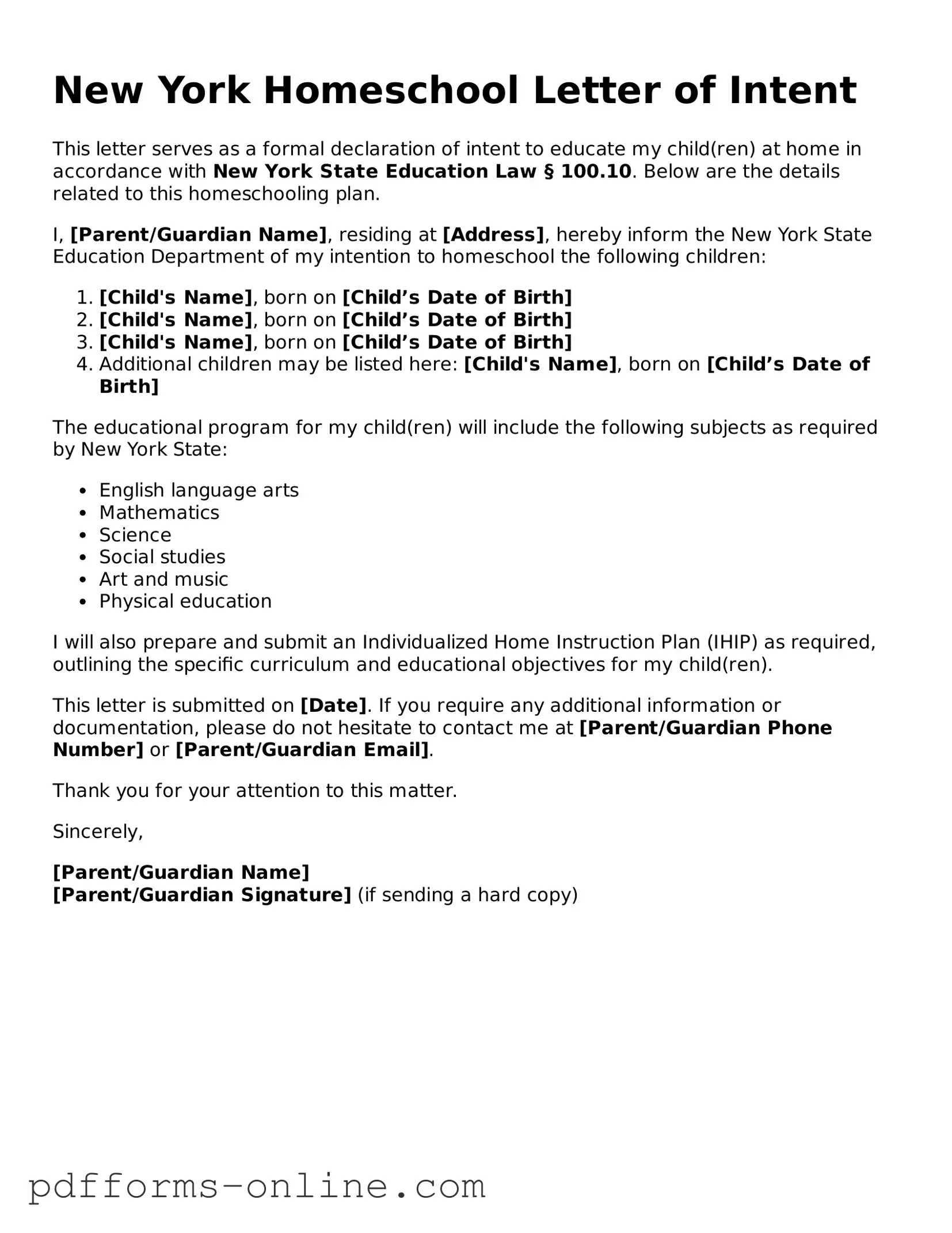 Valid New York Homeschool Letter of Intent Template
