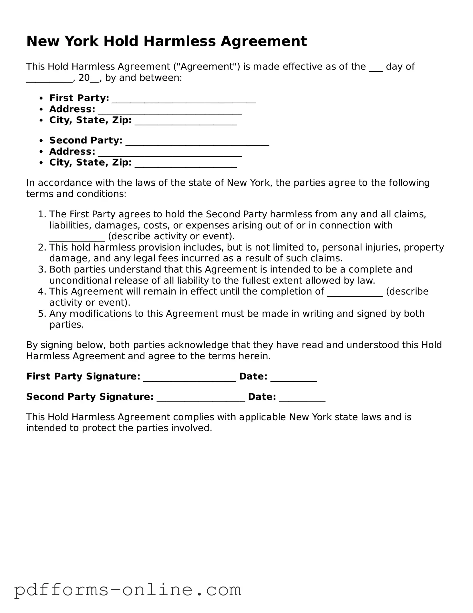 Valid New York Hold Harmless Agreement Template