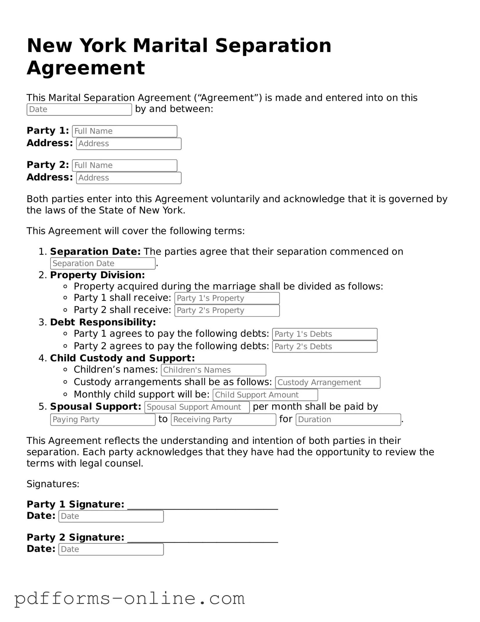 Valid New York Marital Separation Agreement Template
