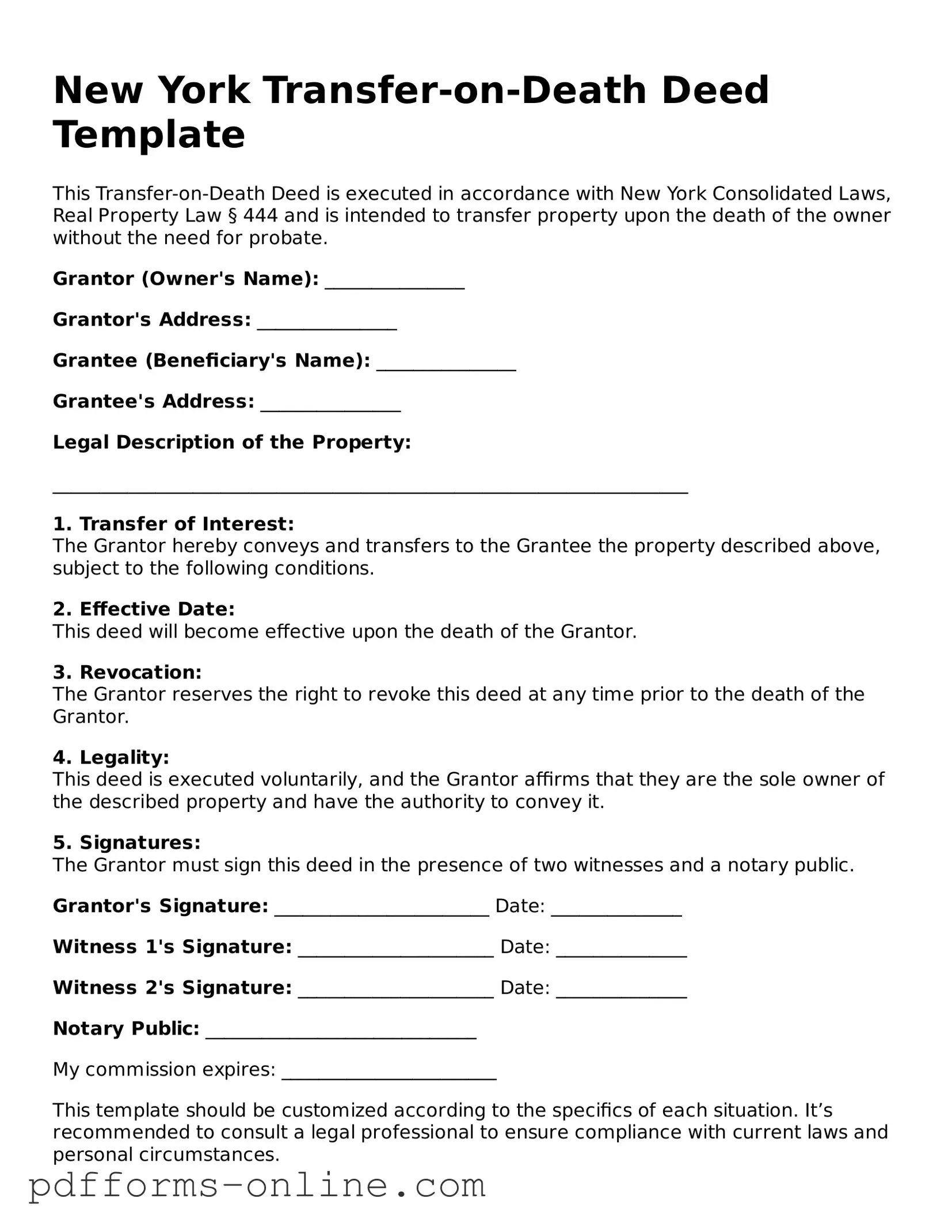 Valid New York Transfer-on-Death Deed Template