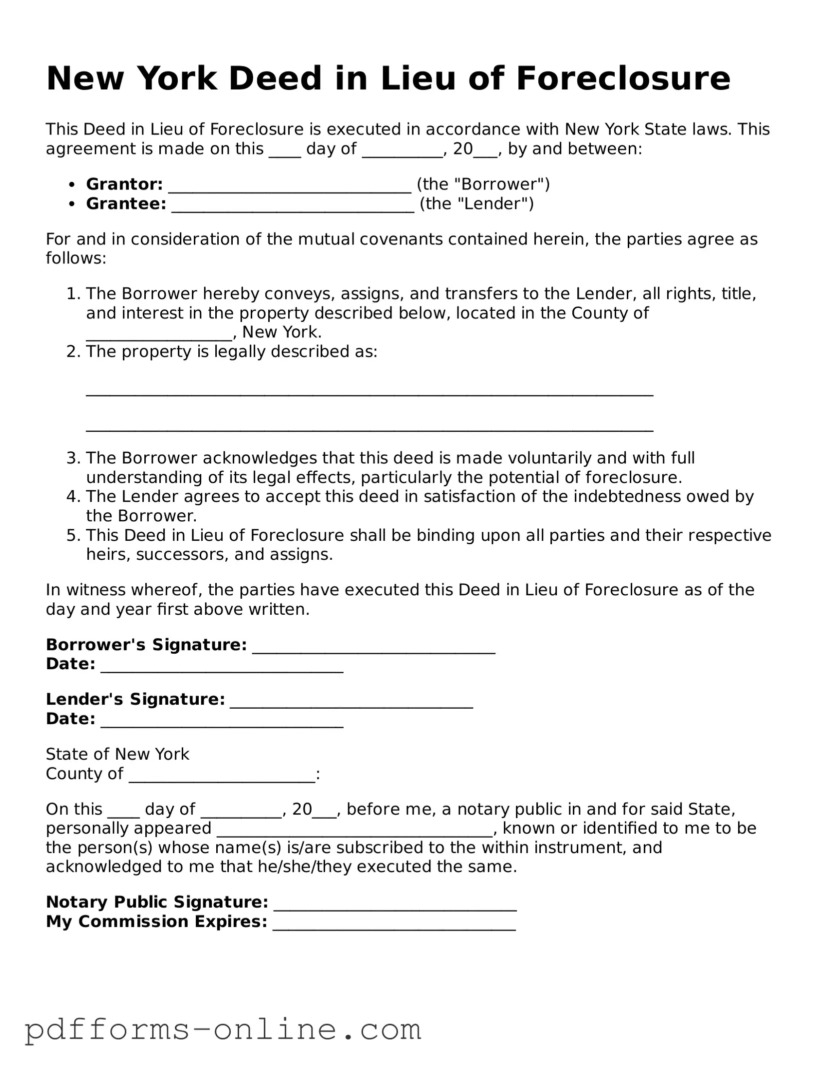Valid New York Deed in Lieu of Foreclosure Template