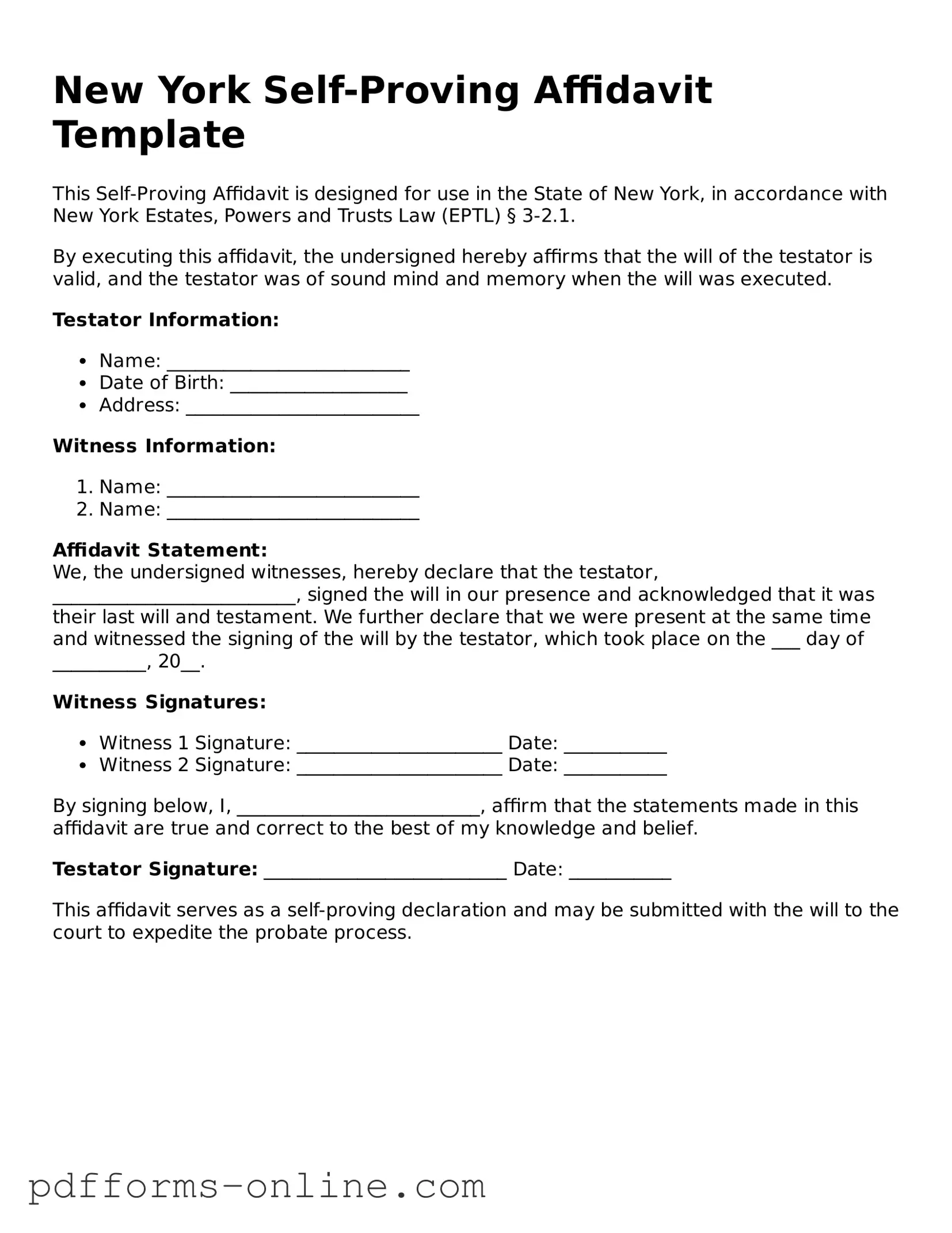 Valid New York Self-Proving Affidavit Template