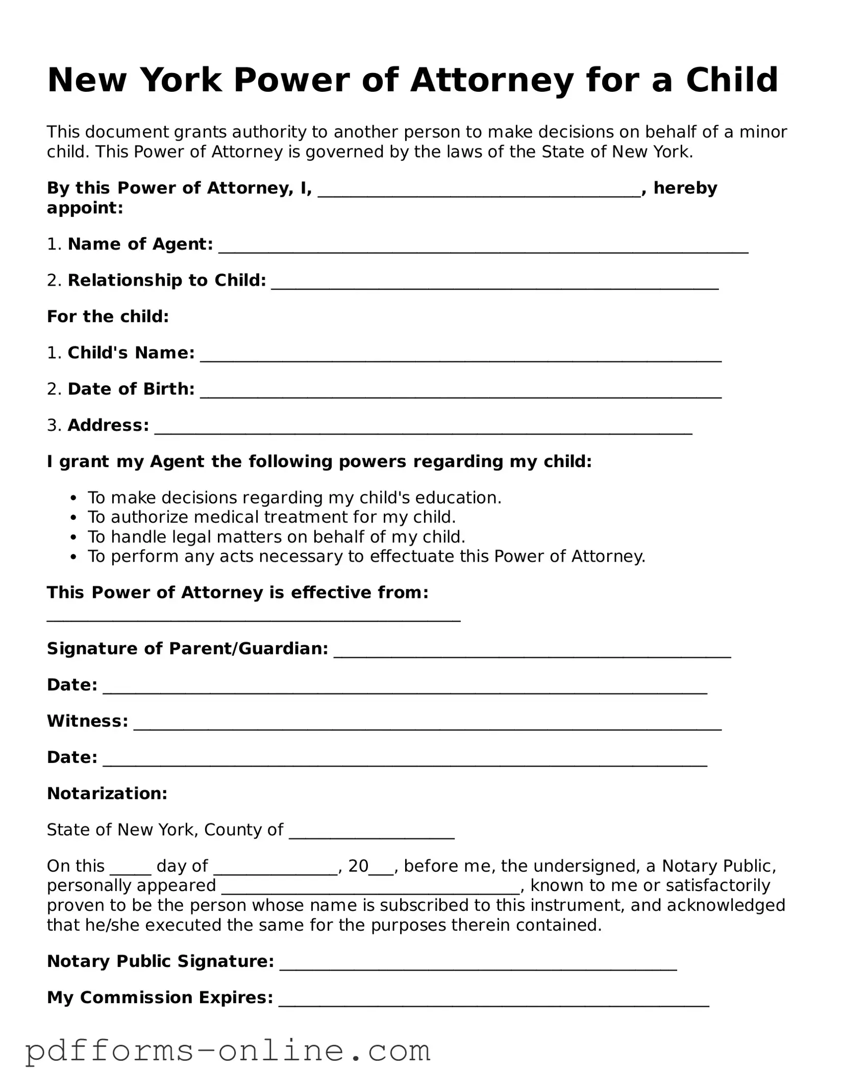Valid New York Power of Attorney for a Child Template