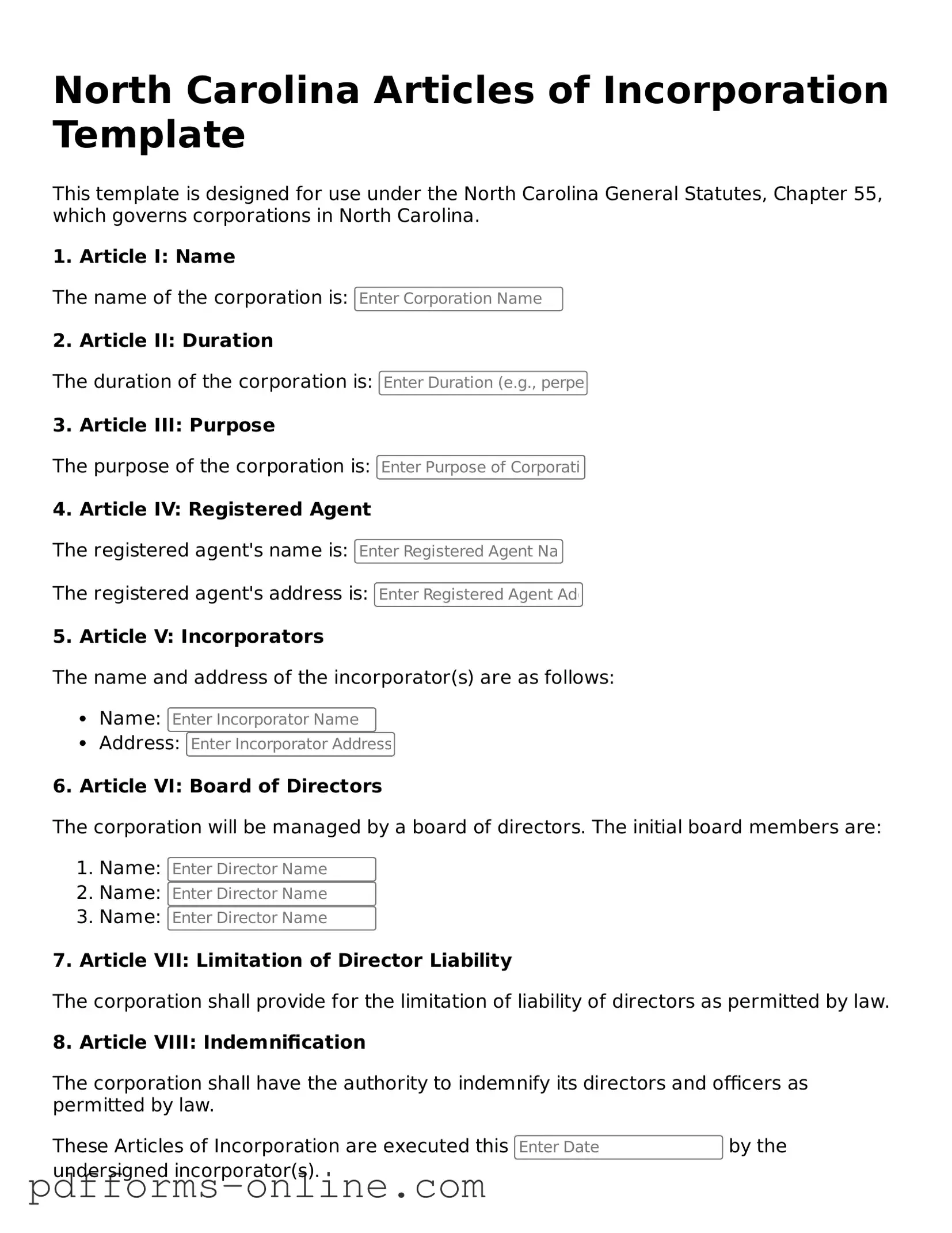 Valid North Carolina Articles of Incorporation Template