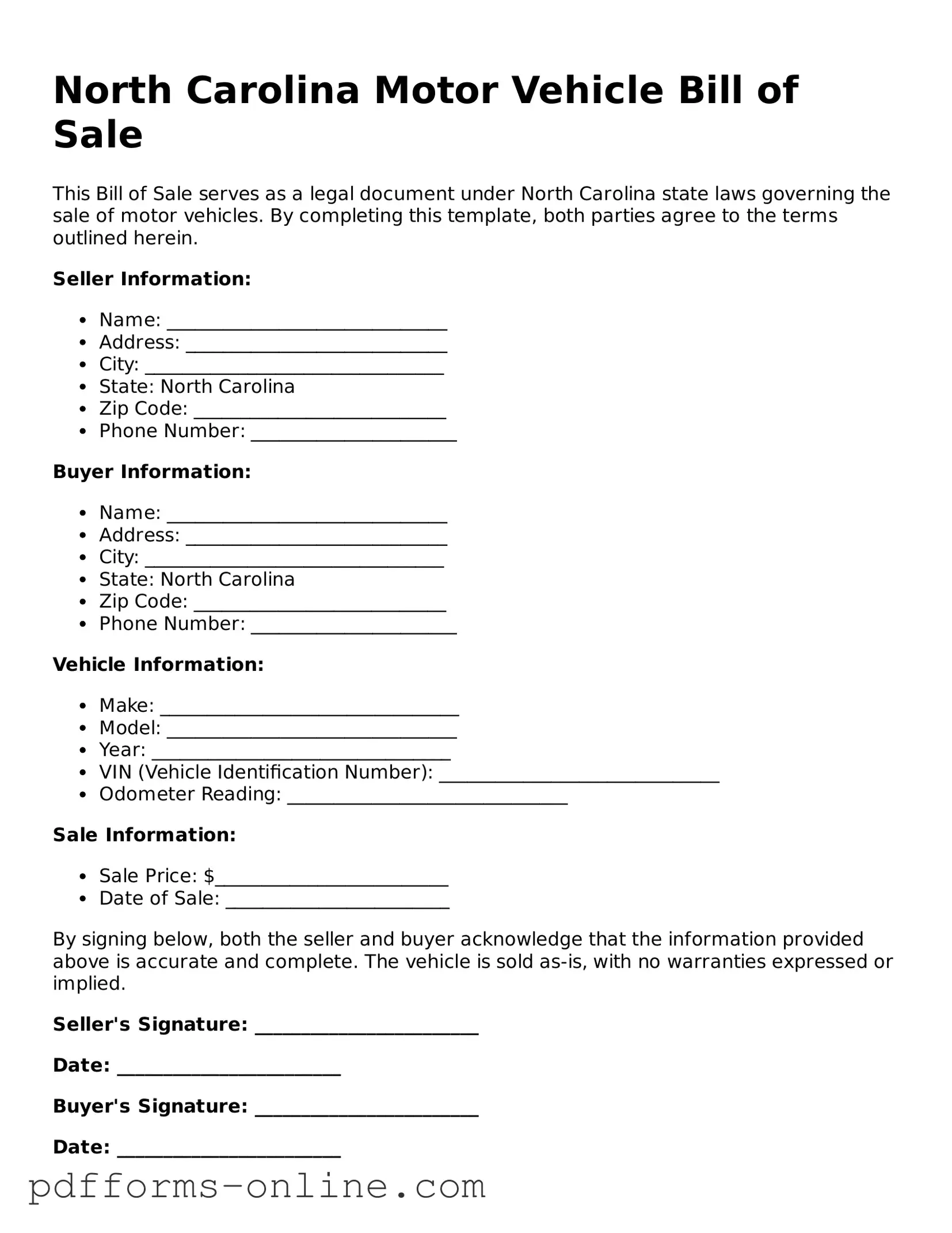 Valid North Carolina Motor Vehicle Bill of Sale Template