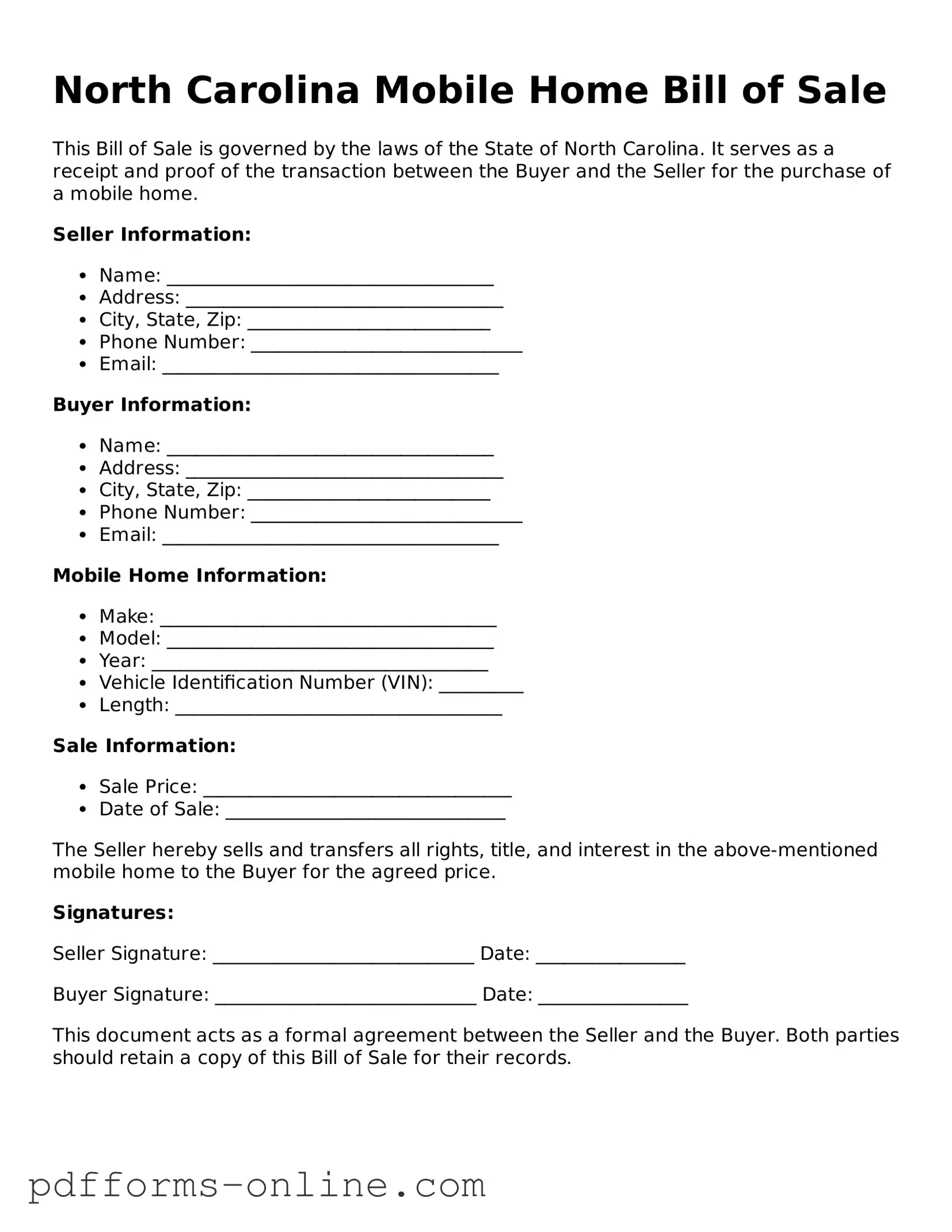 Valid North Carolina Mobile Home Bill of Sale Template
