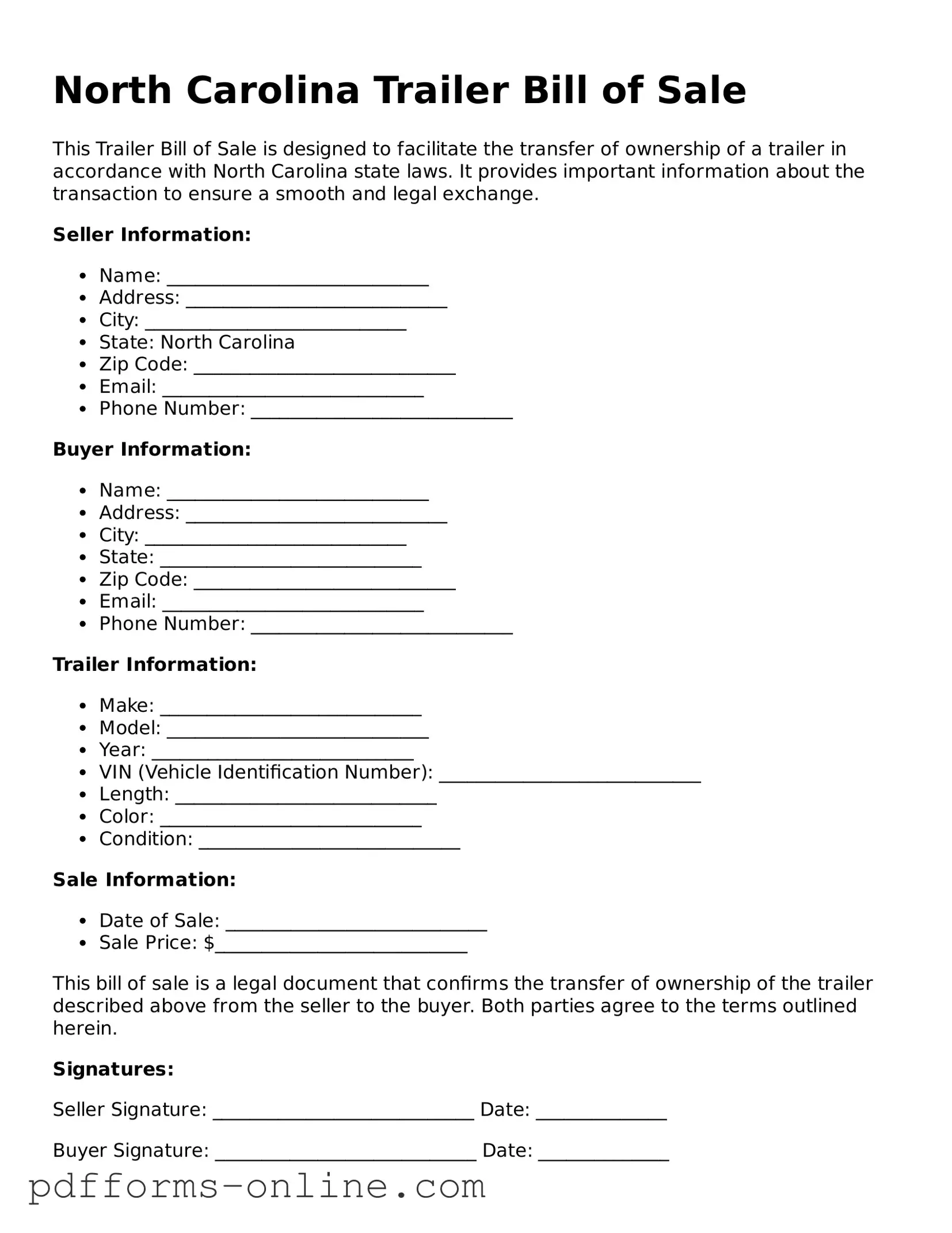 Valid North Carolina Trailer Bill of Sale Template
