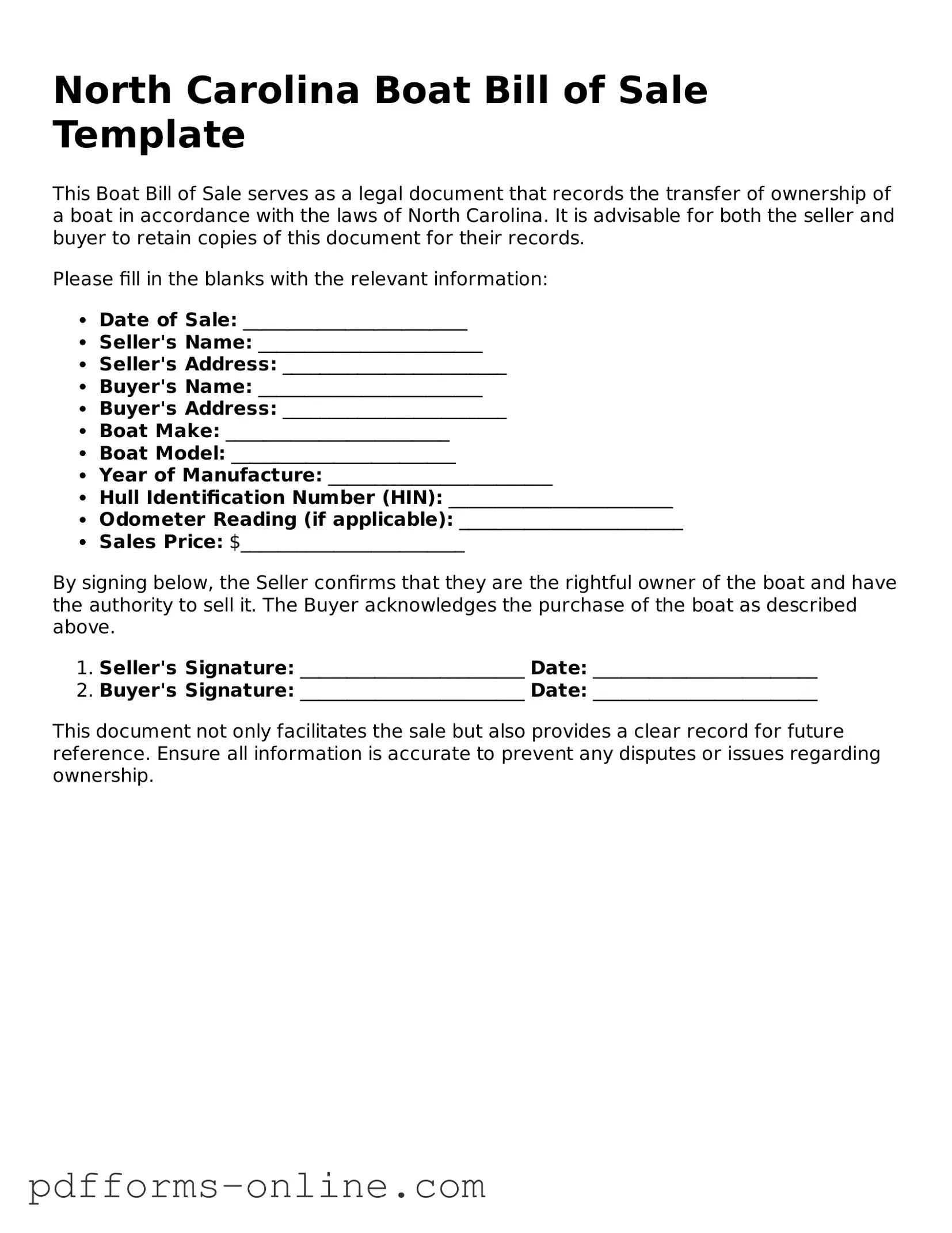 Valid North Carolina Boat Bill of Sale Template