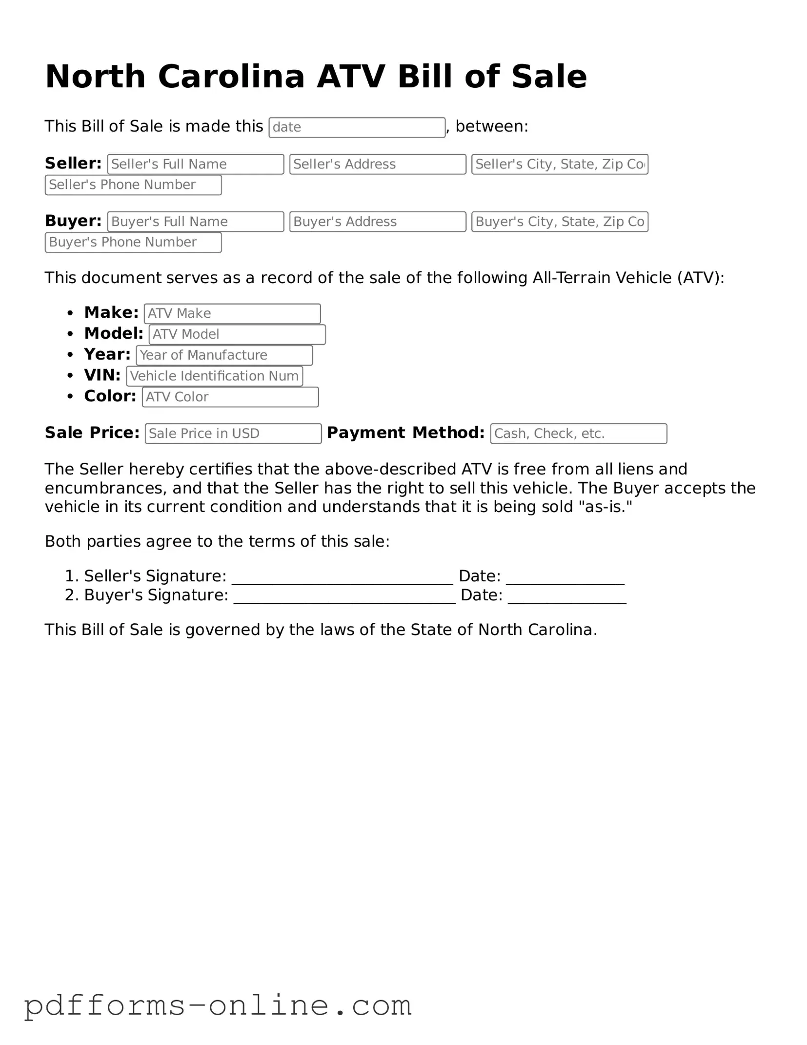 Valid North Carolina ATV Bill of Sale Template
