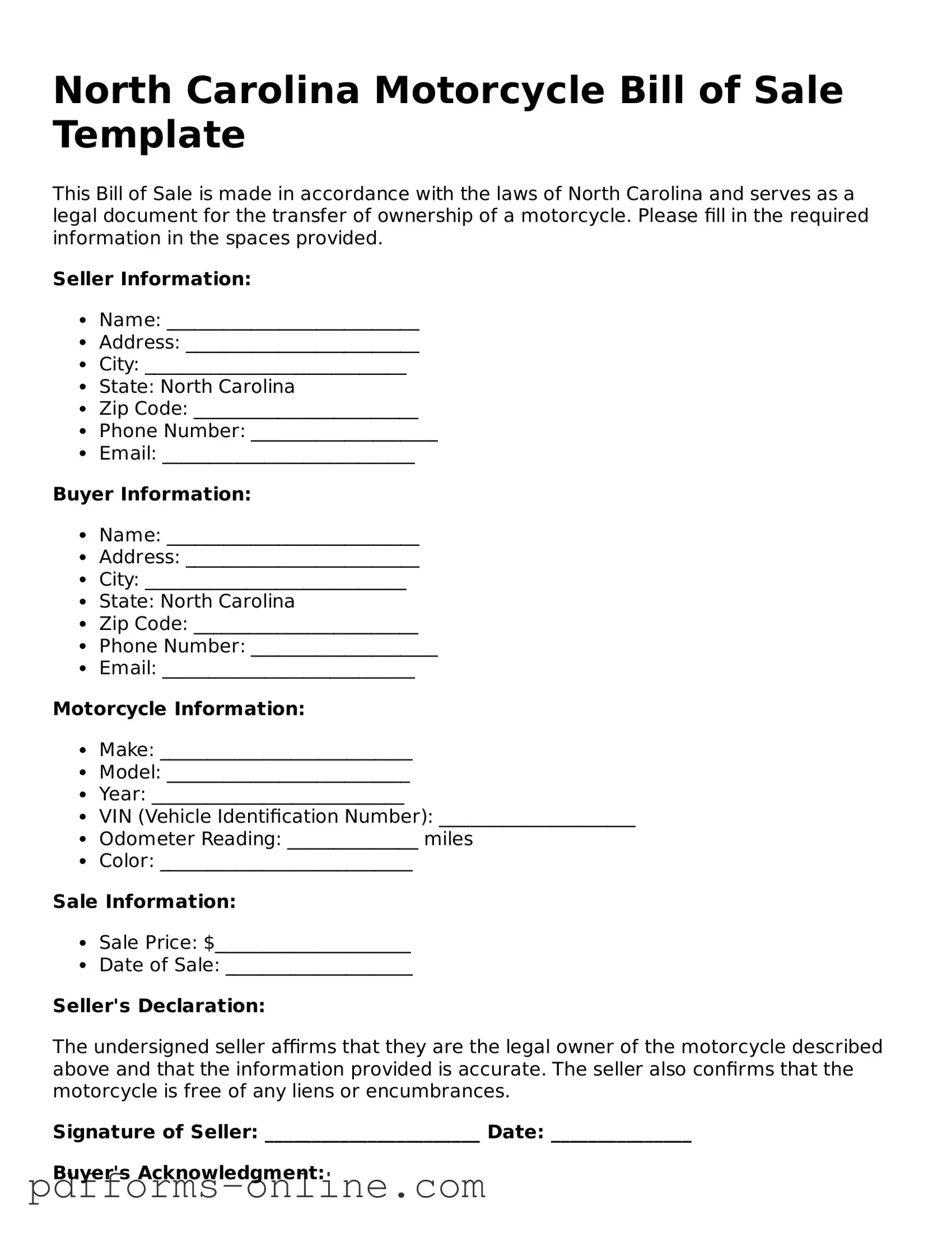 Valid North Carolina Motorcycle Bill of Sale Template