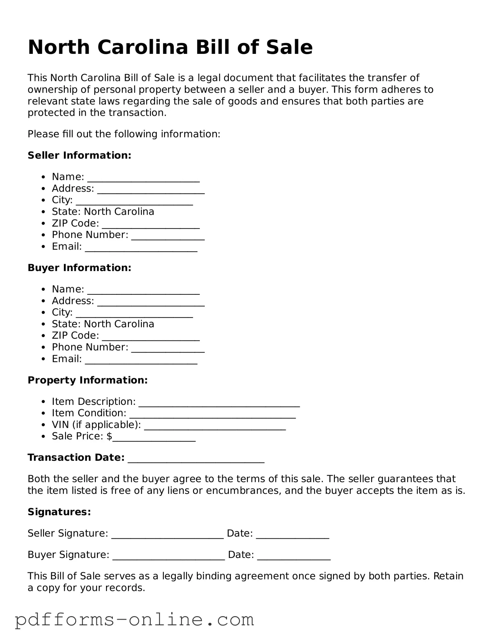 Valid North Carolina Bill of Sale Template
