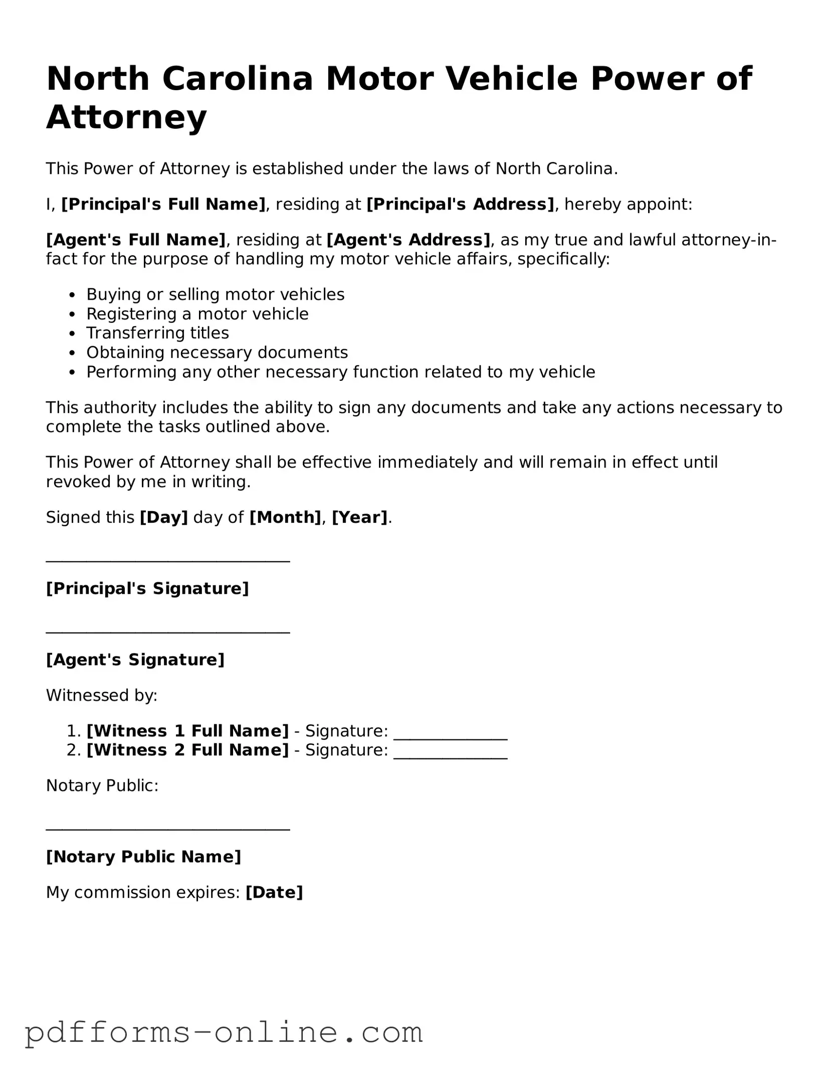 Valid North Carolina Motor Vehicle Power of Attorney Template