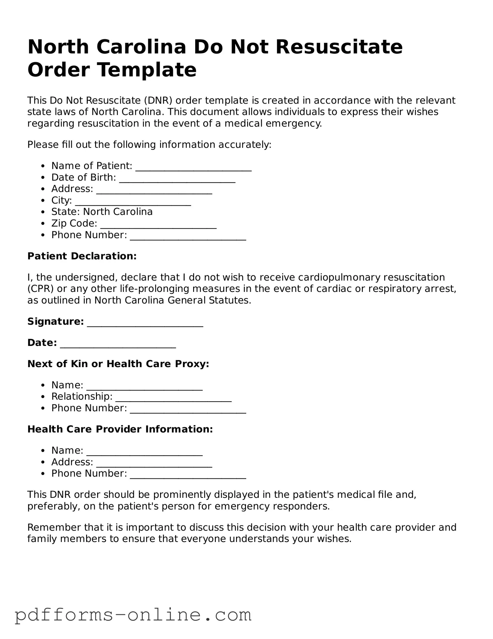 Valid North Carolina Do Not Resuscitate Order Template