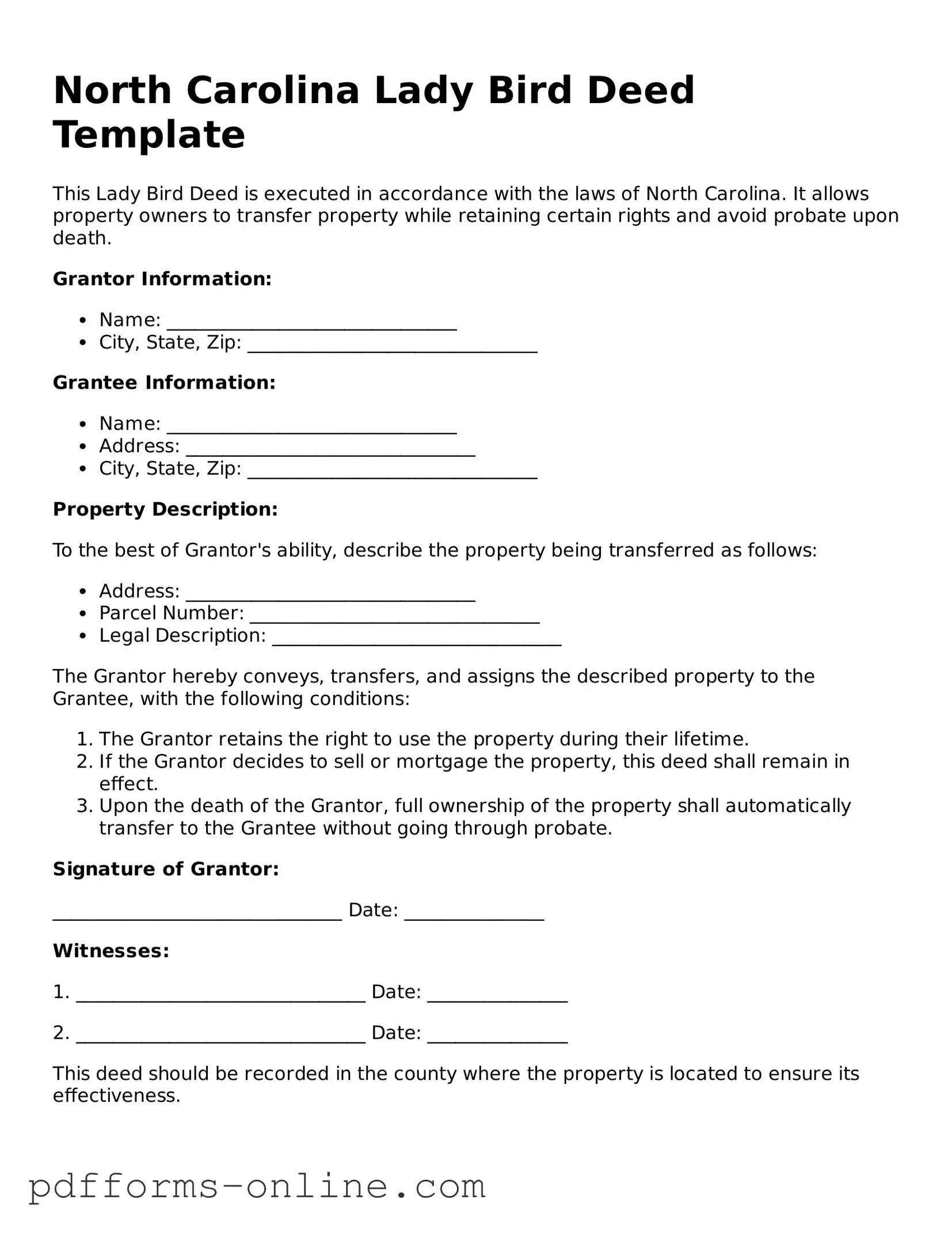 Valid North Carolina Lady Bird Deed Template