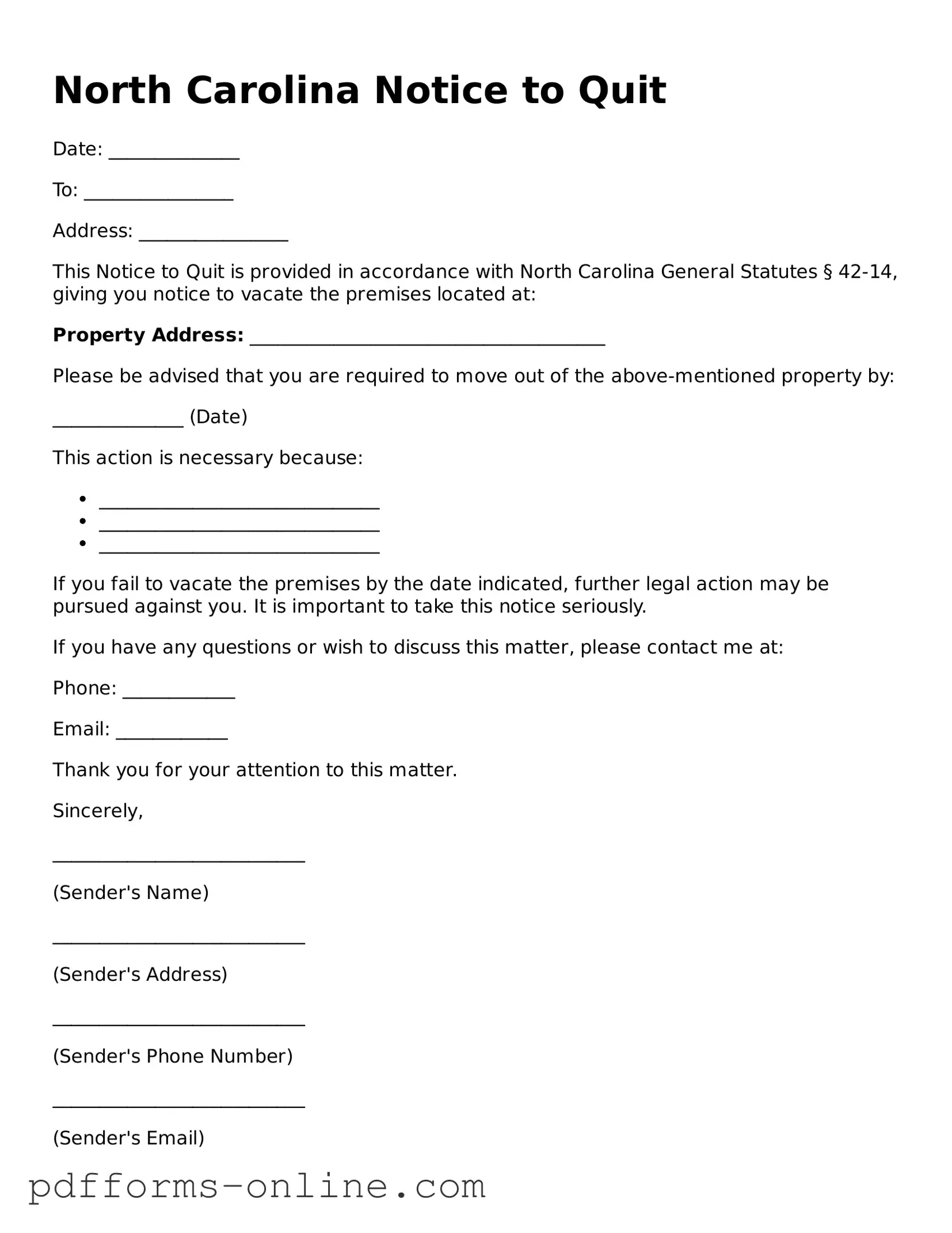 Valid North Carolina Notice to Quit Template